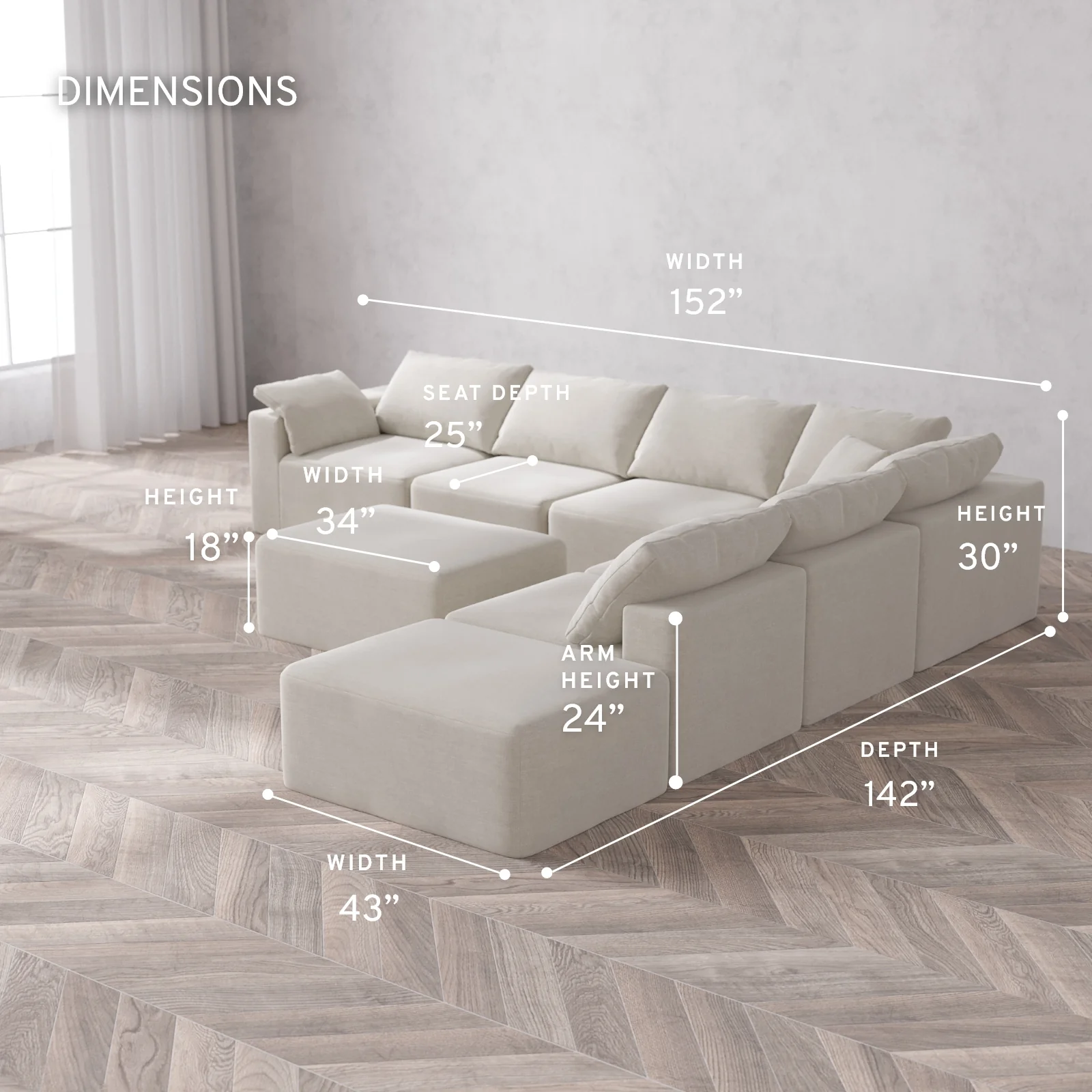 Modular Washable 7-Seater Open End Corner Sectional + Chaise Ottoman Cloud Sofa | Left-Facing Arm | Satin Velvet in Cashew - Image 5