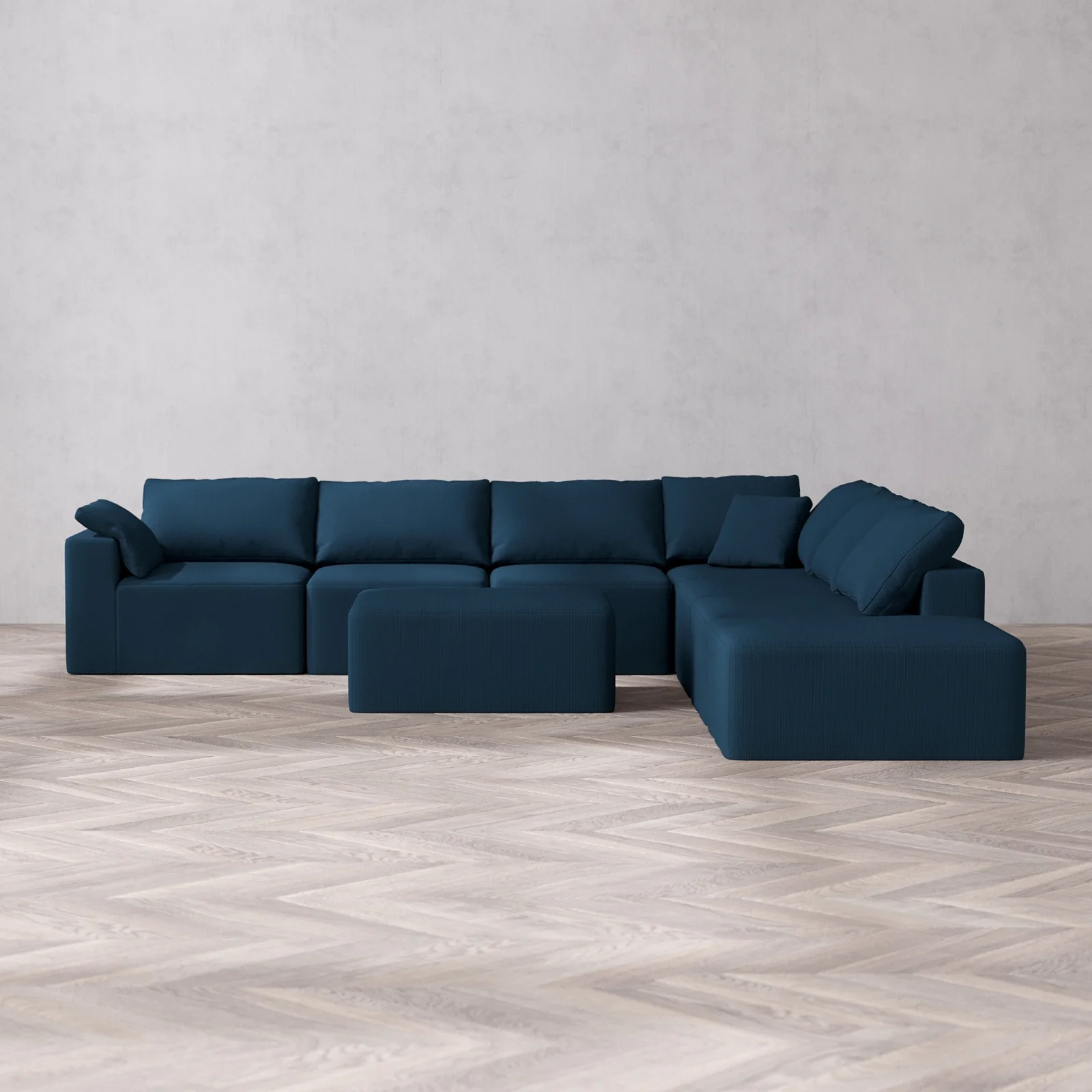Modular Washable 7-Seater Open End Corner Sectional + Chaise Ottoman Cloud Sofa | Left-Facing Arm | Arden Weave in Lazuli
