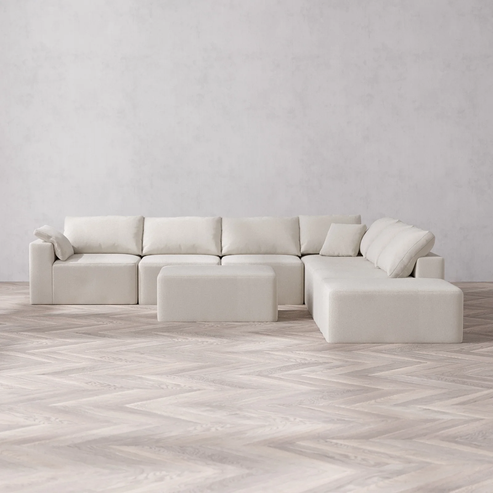 Modular Washable 7-Seater Open End Corner Sectional + Chaise Ottoman Cloud Sofa | Left-Facing Arm | Lux Weave in Pearl