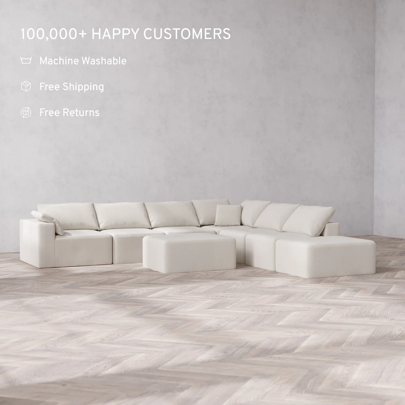 Modular Washable 7-Seater Open End Corner Sectional + Chaise Ottoman Cloud Sofa | Left-Facing Arm | Lux Weave in Pearl - Image 2