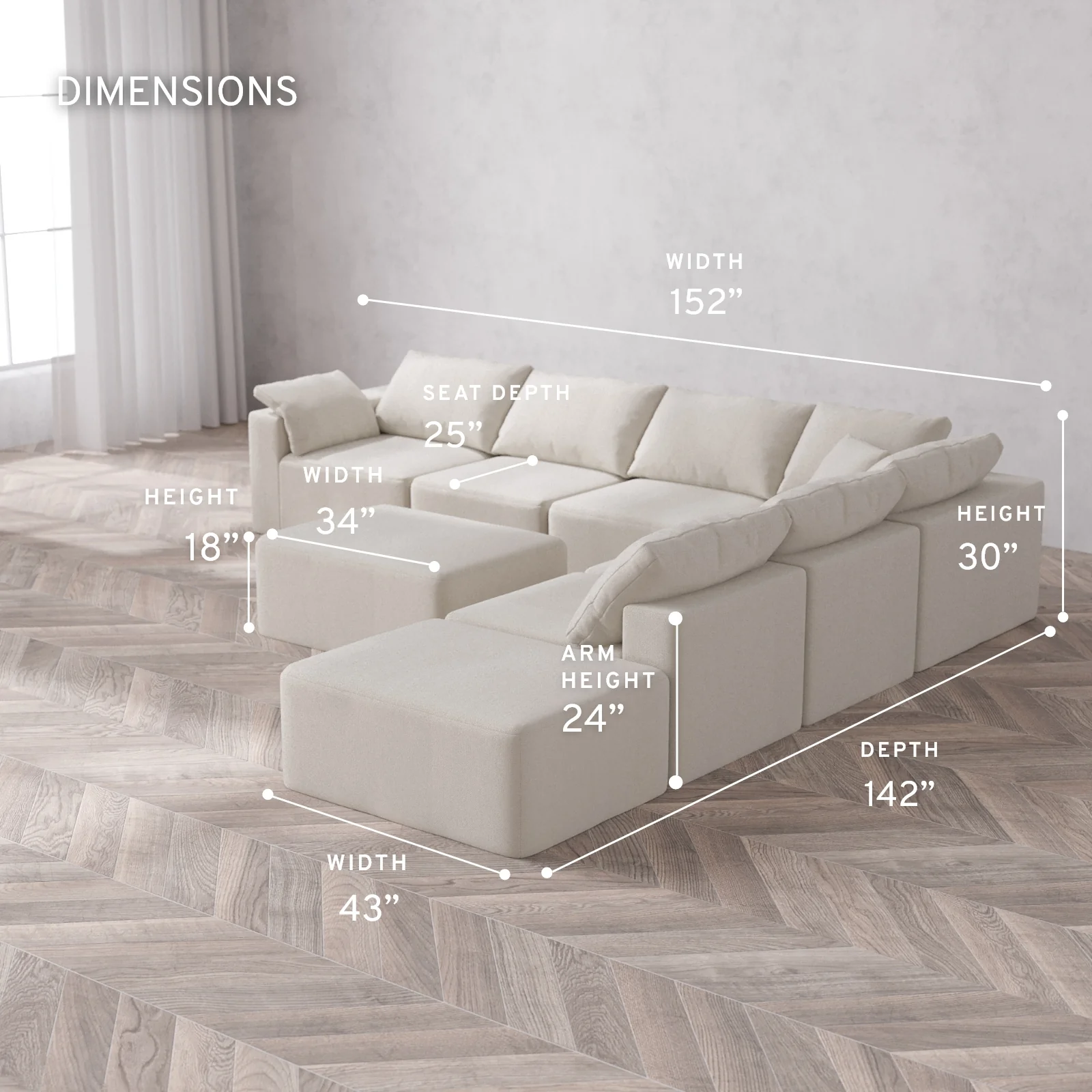 Modular Washable 7-Seater Open End Corner Sectional + Chaise Ottoman Cloud Sofa | Left-Facing Arm | Lux Weave in Pearl - Image 5