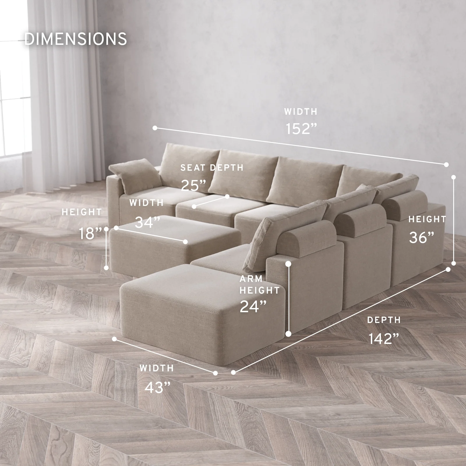 Modular Washable 7-Seater Open End Corner Sectional + Chaise Ottoman Cloud + Bolster Sofa | Left-Facing Arm | Satin Velvet in Caraway - Image 5