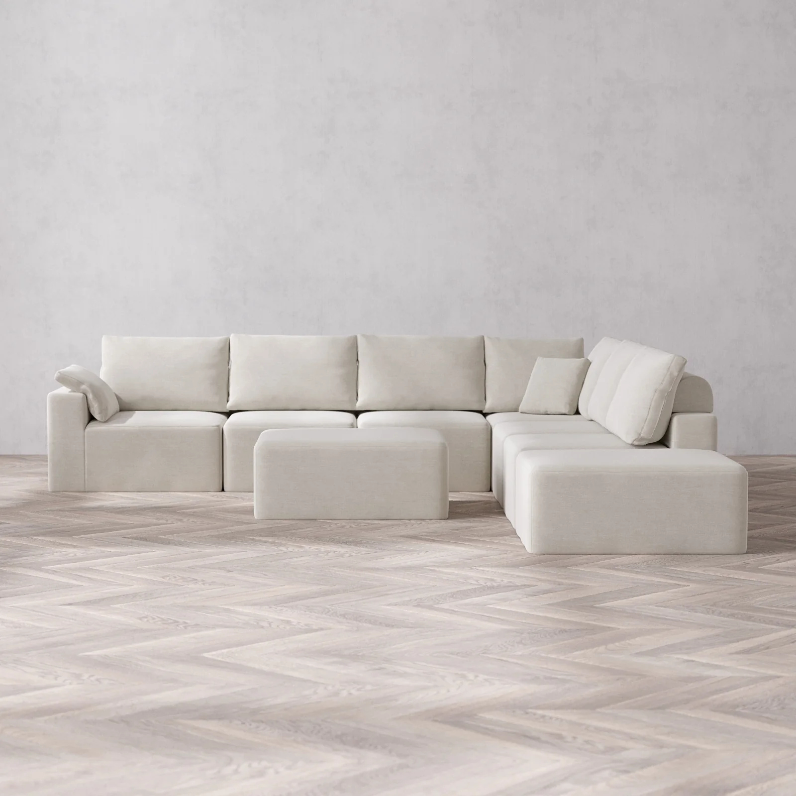 Modular Washable 7-Seater Open End Corner Sectional + Chaise Ottoman Cloud + Bolster Sofa | Left-Facing Arm | Satin Velvet in Cashew