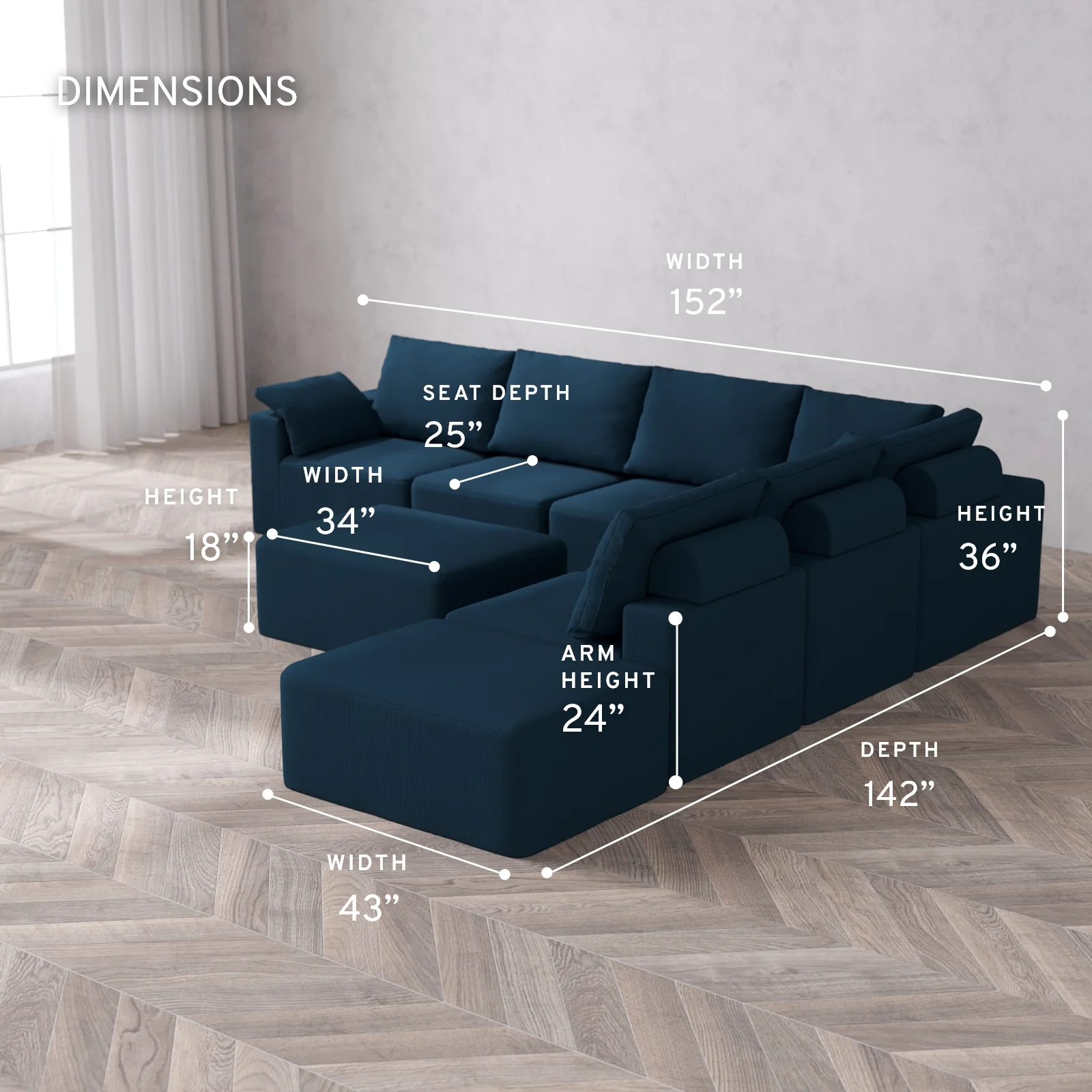 Modular Washable 7-Seater Open End Corner Sectional + Chaise Ottoman Cloud + Bolster Sofa | Left-Facing Arm | Arden Weave in Lazuli - Image 5