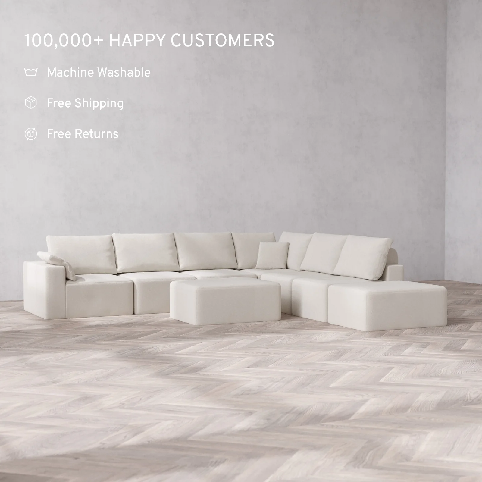 Modular Washable 7-Seater Open End Corner Sectional + Chaise Ottoman Cloud + Bolster Sofa | Left-Facing Arm | Lux Weave in Pearl - Image 2