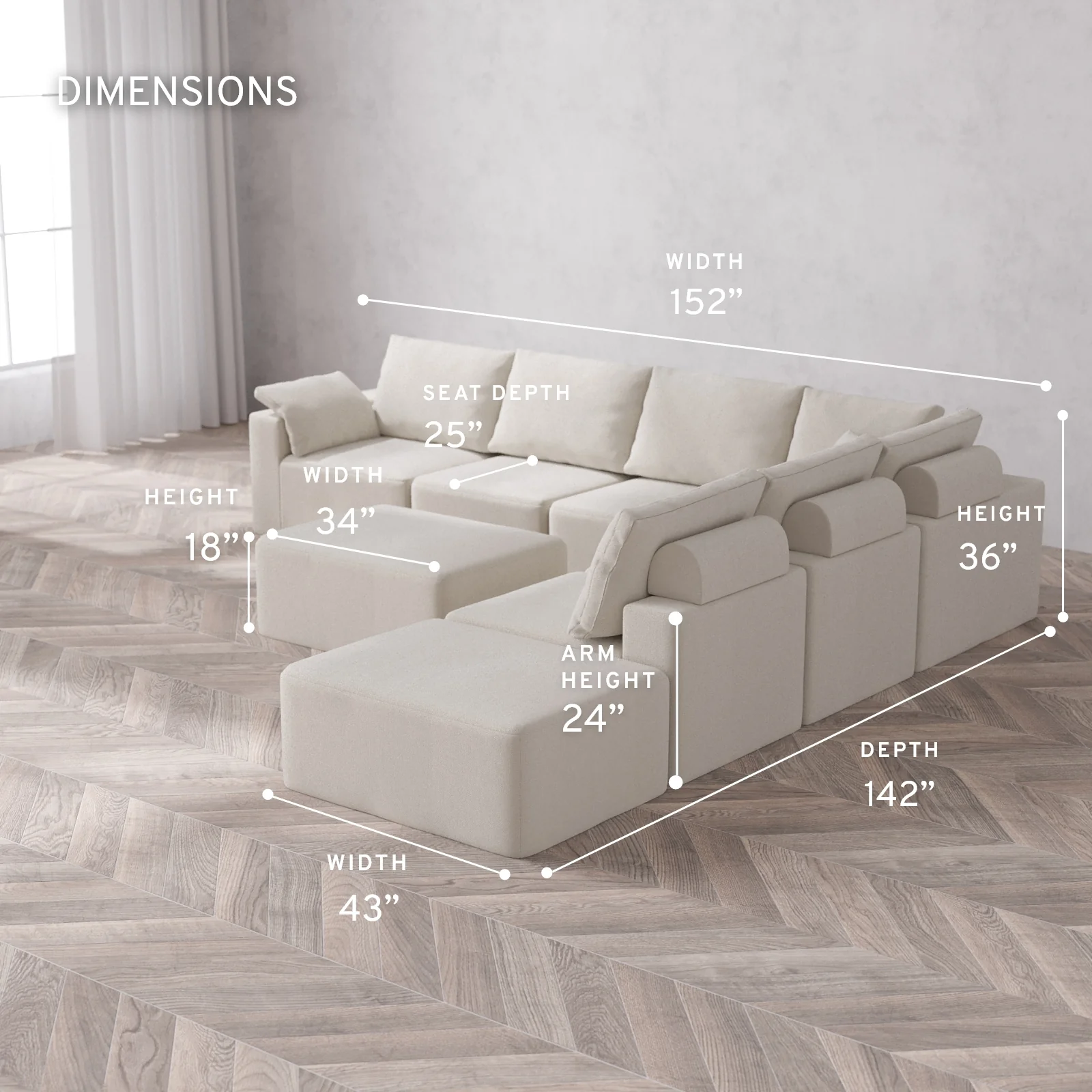 Modular Washable 7-Seater Open End Corner Sectional + Chaise Ottoman Cloud + Bolster Sofa | Left-Facing Arm | Lux Weave in Pearl - Image 5