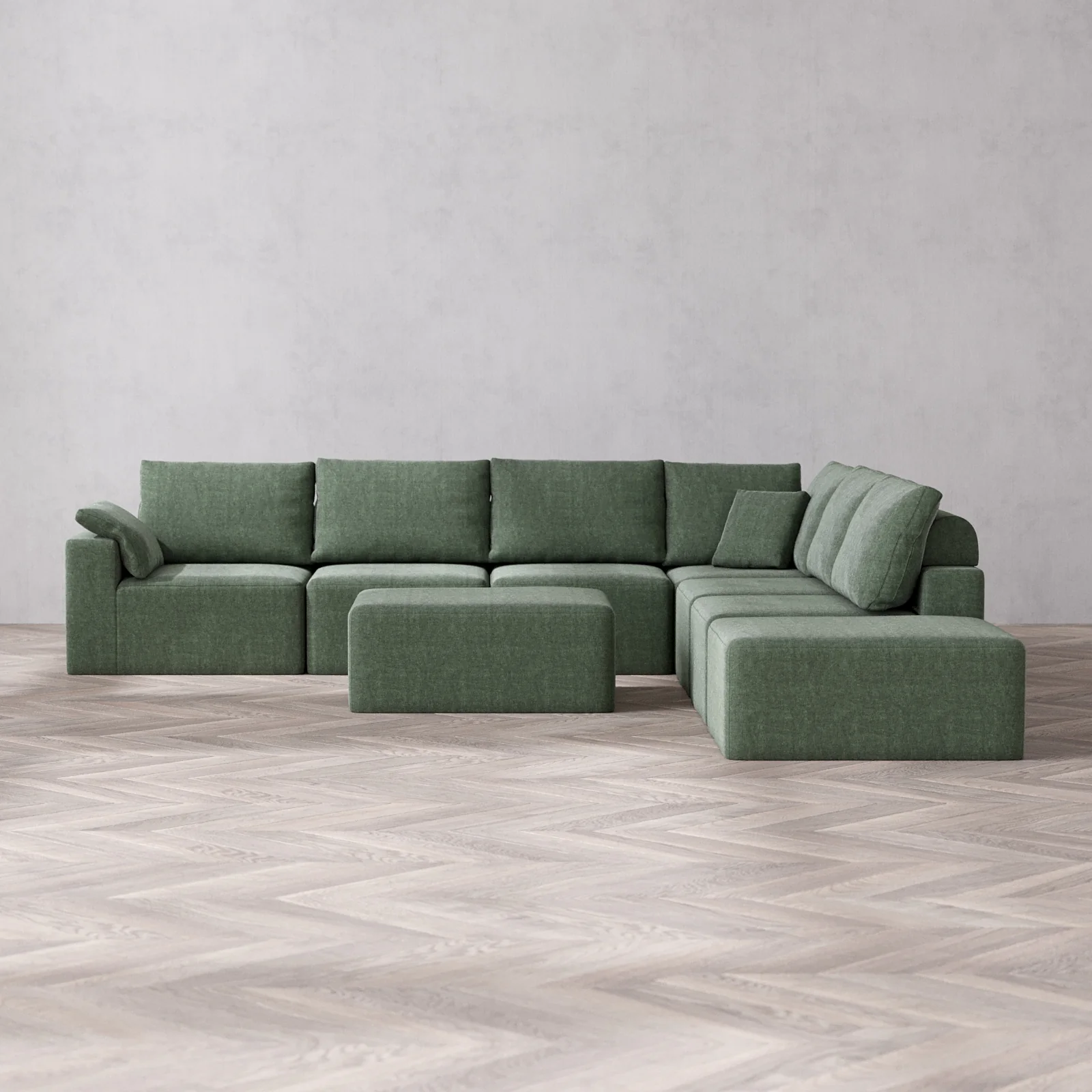 Modular Washable 7-Seater Open End Corner Sectional + Chaise Ottoman Cloud + Bolster Sofa | Left-Facing Arm | Heirloom Velvet in Sage