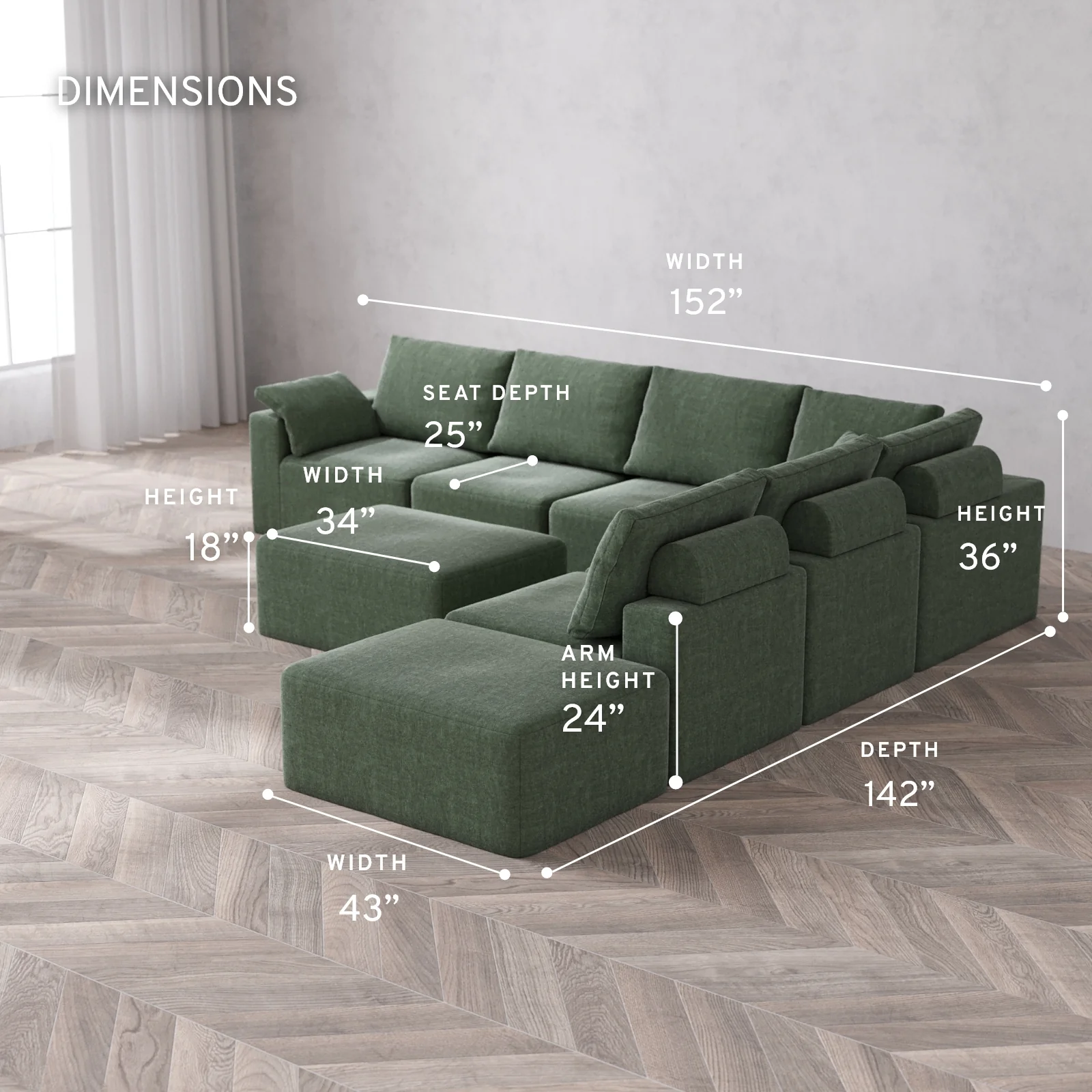 Modular Washable 7-Seater Open End Corner Sectional + Chaise Ottoman Cloud + Bolster Sofa | Left-Facing Arm | Heirloom Velvet in Sage - Image 5