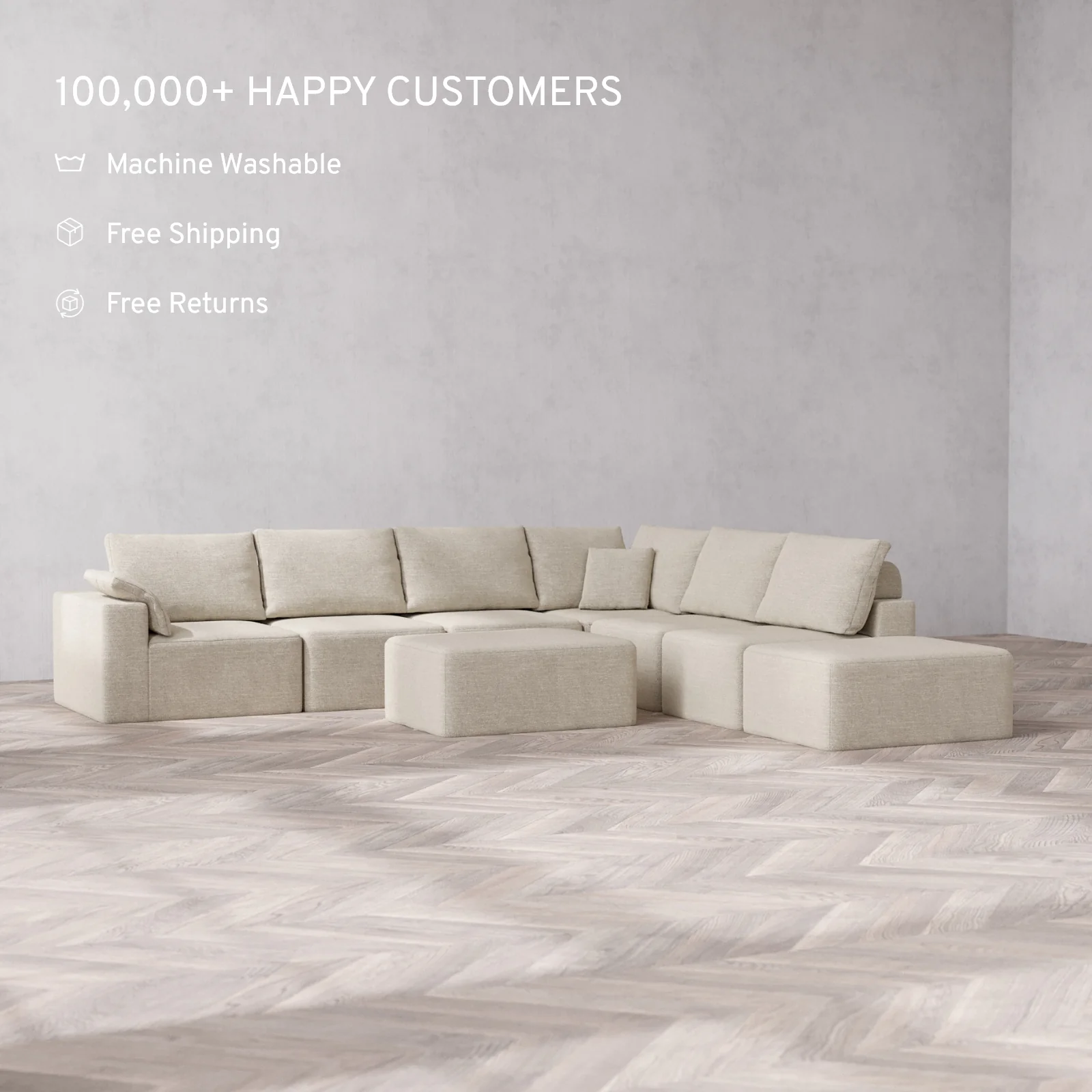 Modular Washable 7-Seater Open End Corner Sectional + Chaise Ottoman Cloud + Bolster Sofa | Left-Facing Arm | Plush Twill in Sandstone - Image 2