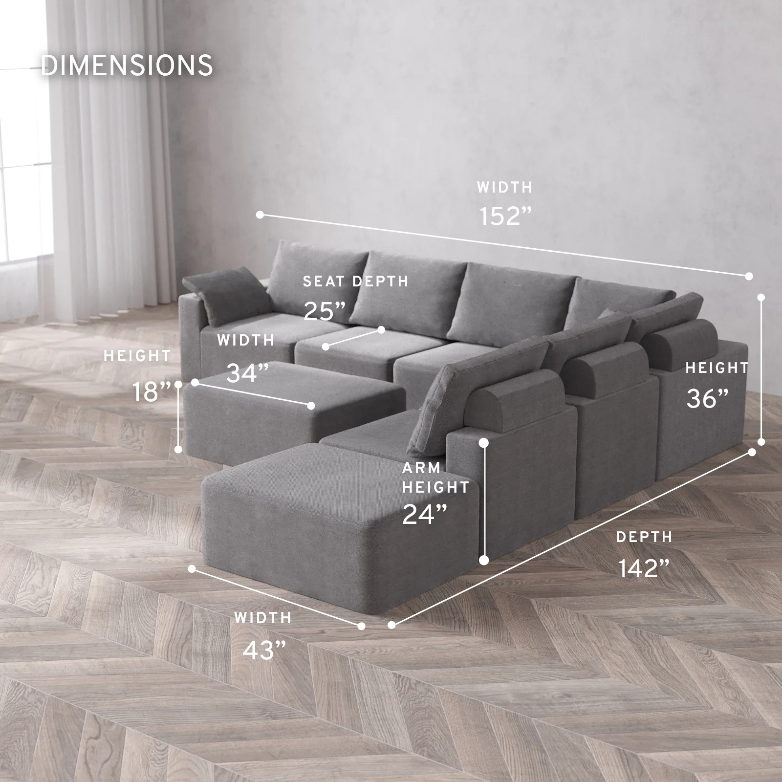 Modular Washable 7-Seater Open End Corner Sectional + Chaise Ottoman Cloud + Bolster Sofa | Left-Facing Arm | Lux Weave in Slate - Image 5