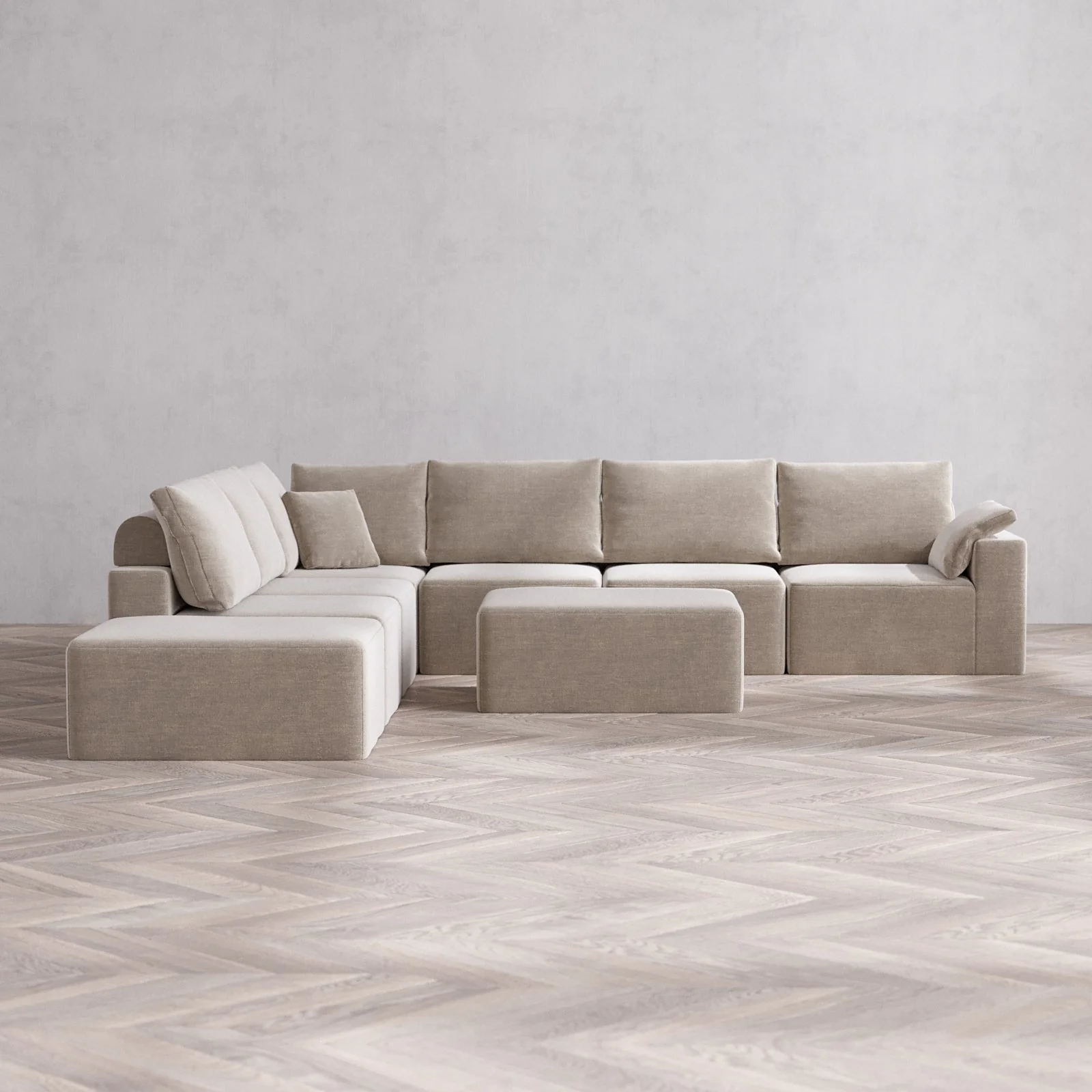 Modular Washable 7-Seater Open End Corner Sectional + Chaise Ottoman Cloud + Bolster Sofa | Right-Facing Arm | Satin Velvet in Caraway