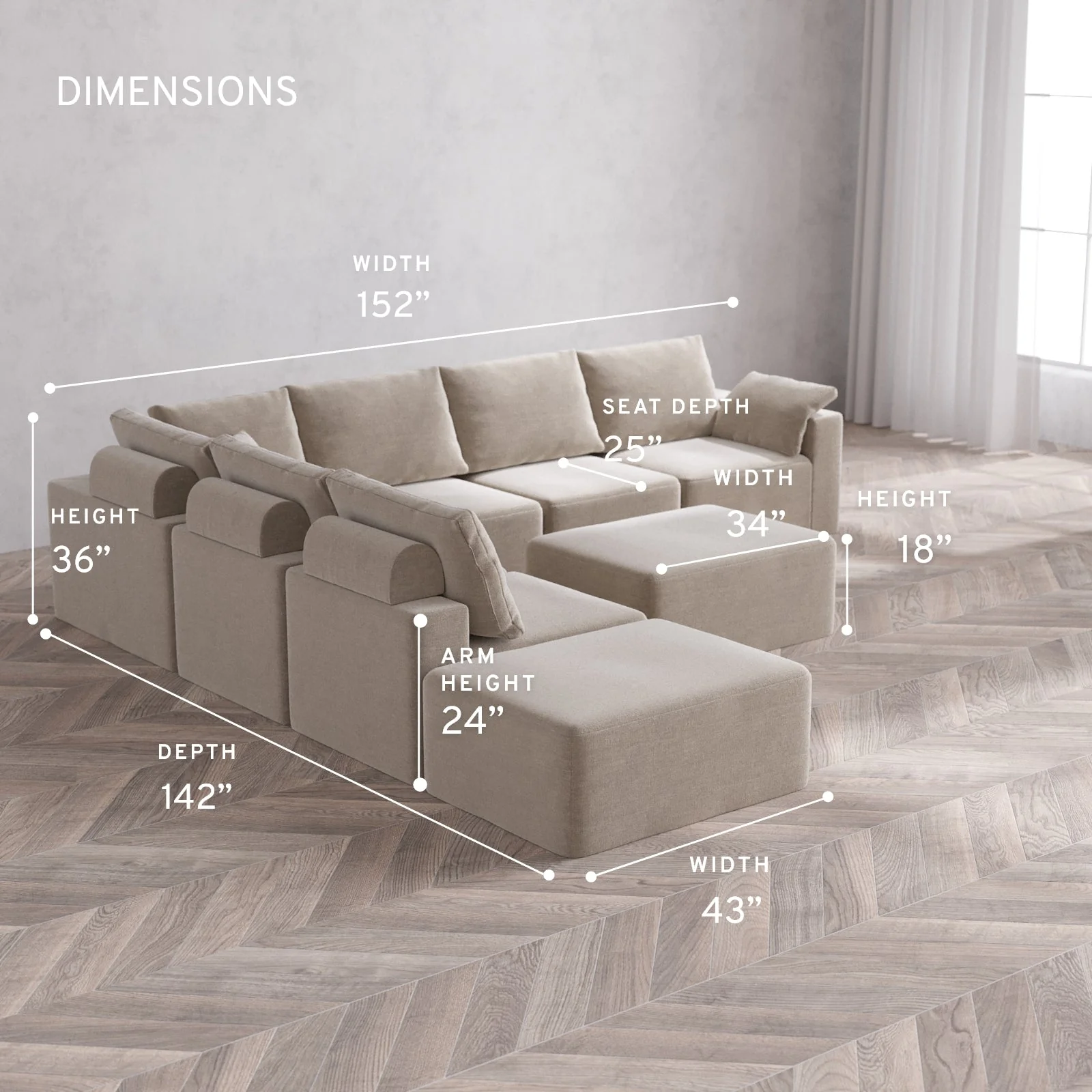 Modular Washable 7-Seater Open End Corner Sectional + Chaise Ottoman Cloud + Bolster Sofa | Right-Facing Arm | Satin Velvet in Caraway - Image 5