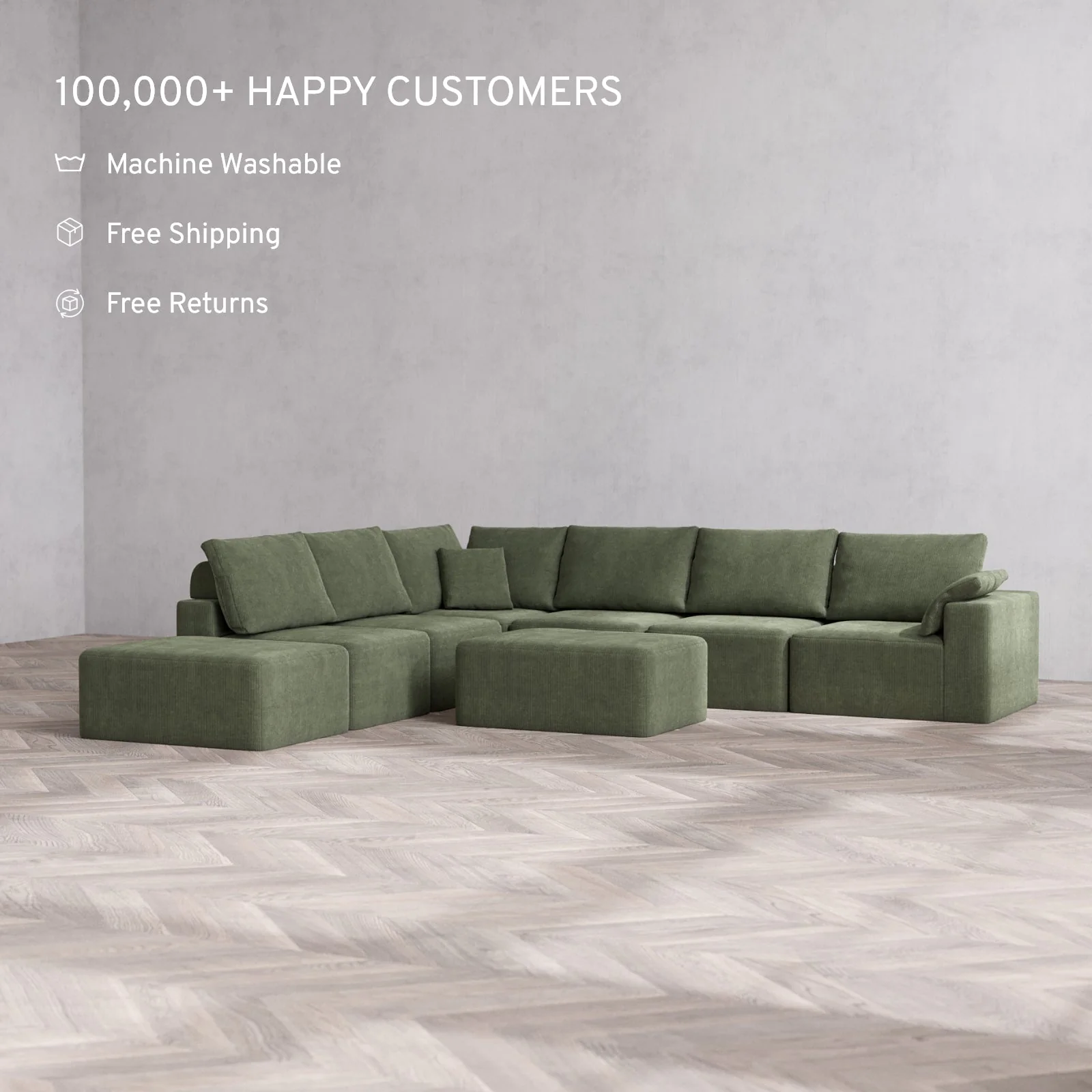 Modular Washable 7-Seater Open End Corner Sectional + Chaise Ottoman Cloud + Bolster Sofa | Right-Facing Arm | Luxe Corduroy in Juniper - Image 2