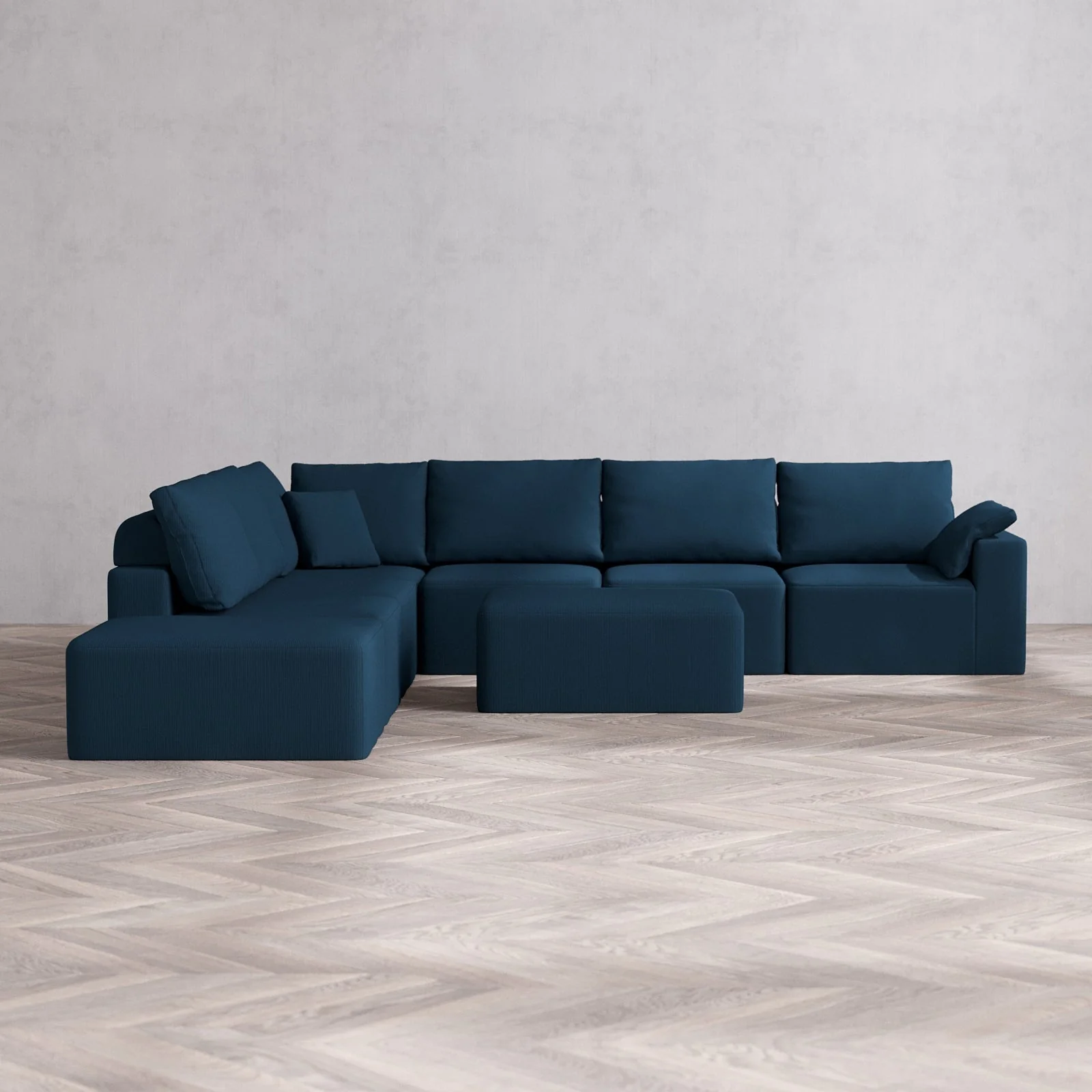 Modular Washable 7-Seater Open End Corner Sectional + Chaise Ottoman Cloud + Bolster Sofa | Right-Facing Arm | Arden Weave in Lazuli