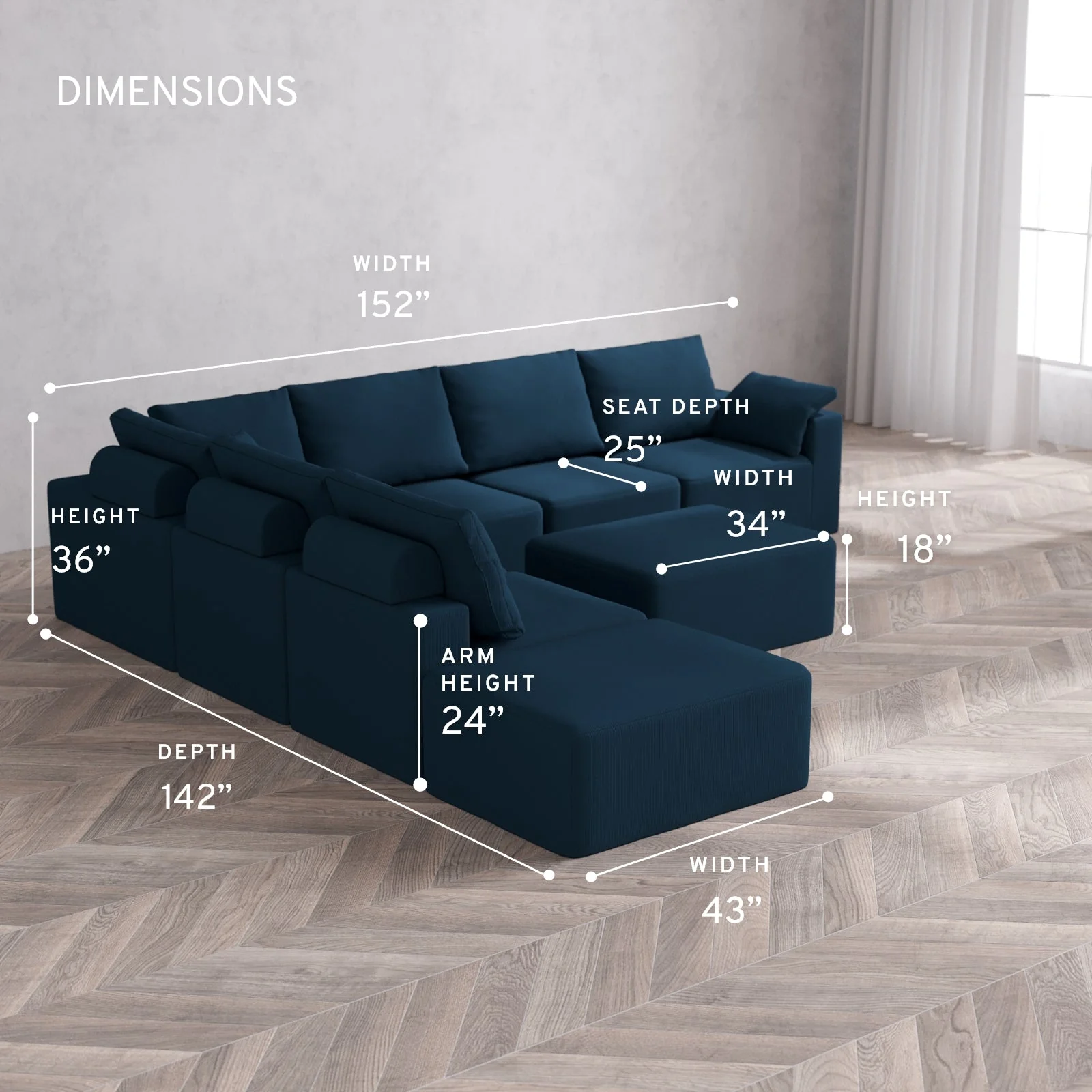 Modular Washable 7-Seater Open End Corner Sectional + Chaise Ottoman Cloud + Bolster Sofa | Right-Facing Arm | Arden Weave in Lazuli - Image 5