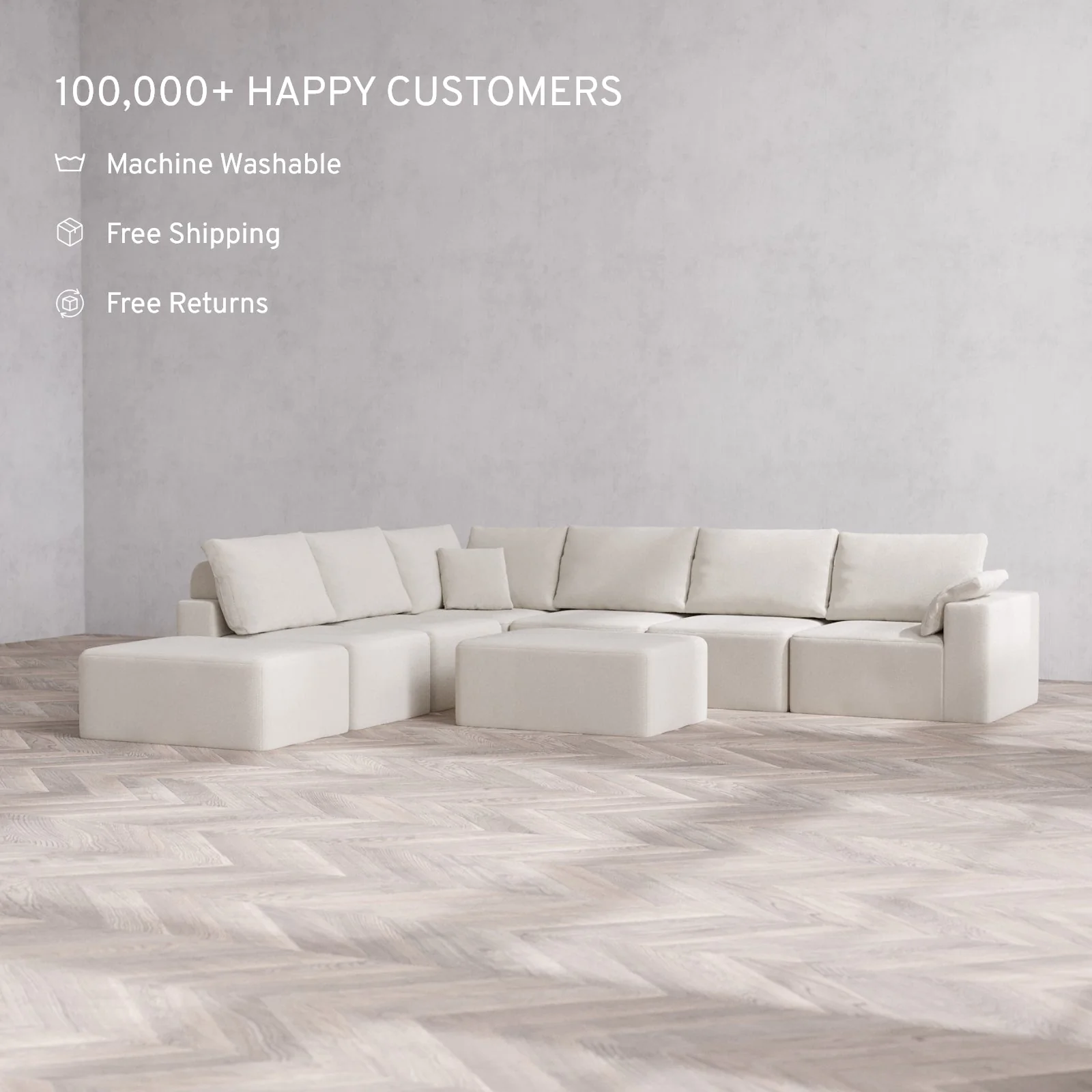 Modular Washable 7-Seater Open End Corner Sectional + Chaise Ottoman Cloud + Bolster Sofa | Right-Facing Arm | Lux Weave in Pearl - Image 2