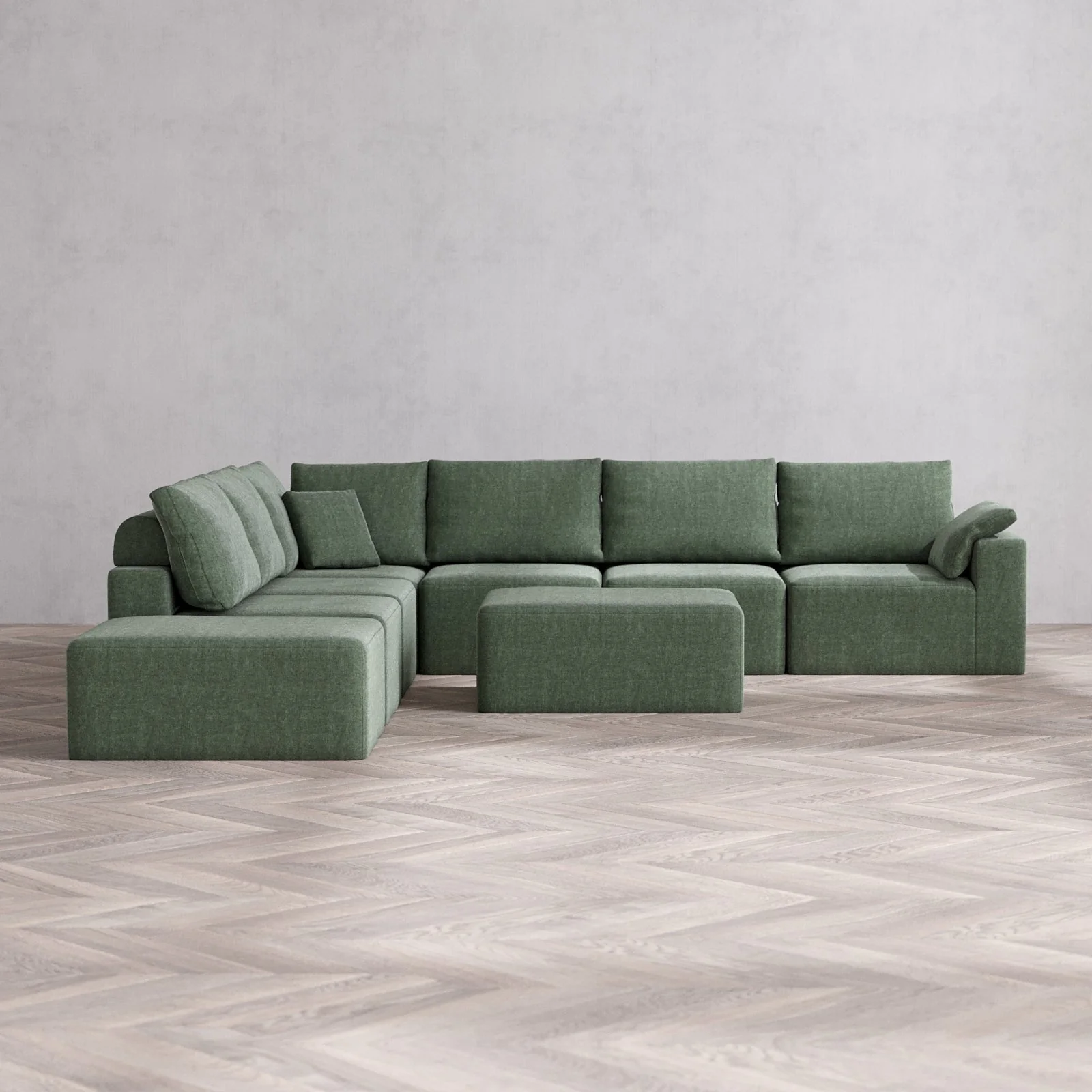 Modular Washable 7-Seater Open End Corner Sectional + Chaise Ottoman Cloud + Bolster Sofa | Right-Facing Arm | Heirloom Velvet in Sage
