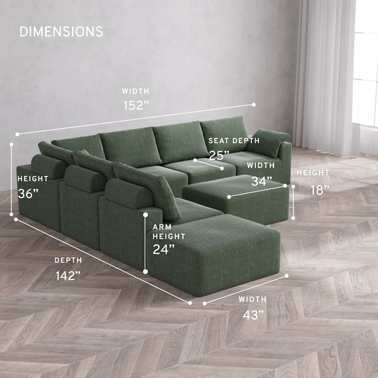 Modular Washable 7-Seater Open End Corner Sectional + Chaise Ottoman Cloud + Bolster Sofa | Right-Facing Arm | Heirloom Velvet in Sage - Image 5