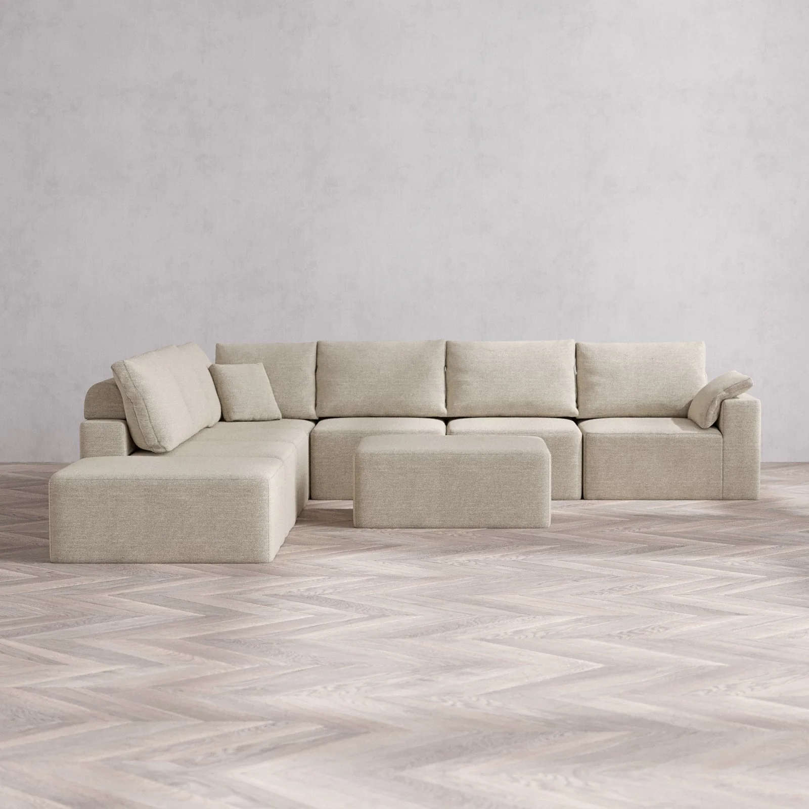 Modular Washable 7-Seater Open End Corner Sectional + Chaise Ottoman Cloud + Bolster Sofa | Right-Facing Arm | Plush Twill in Sandstone