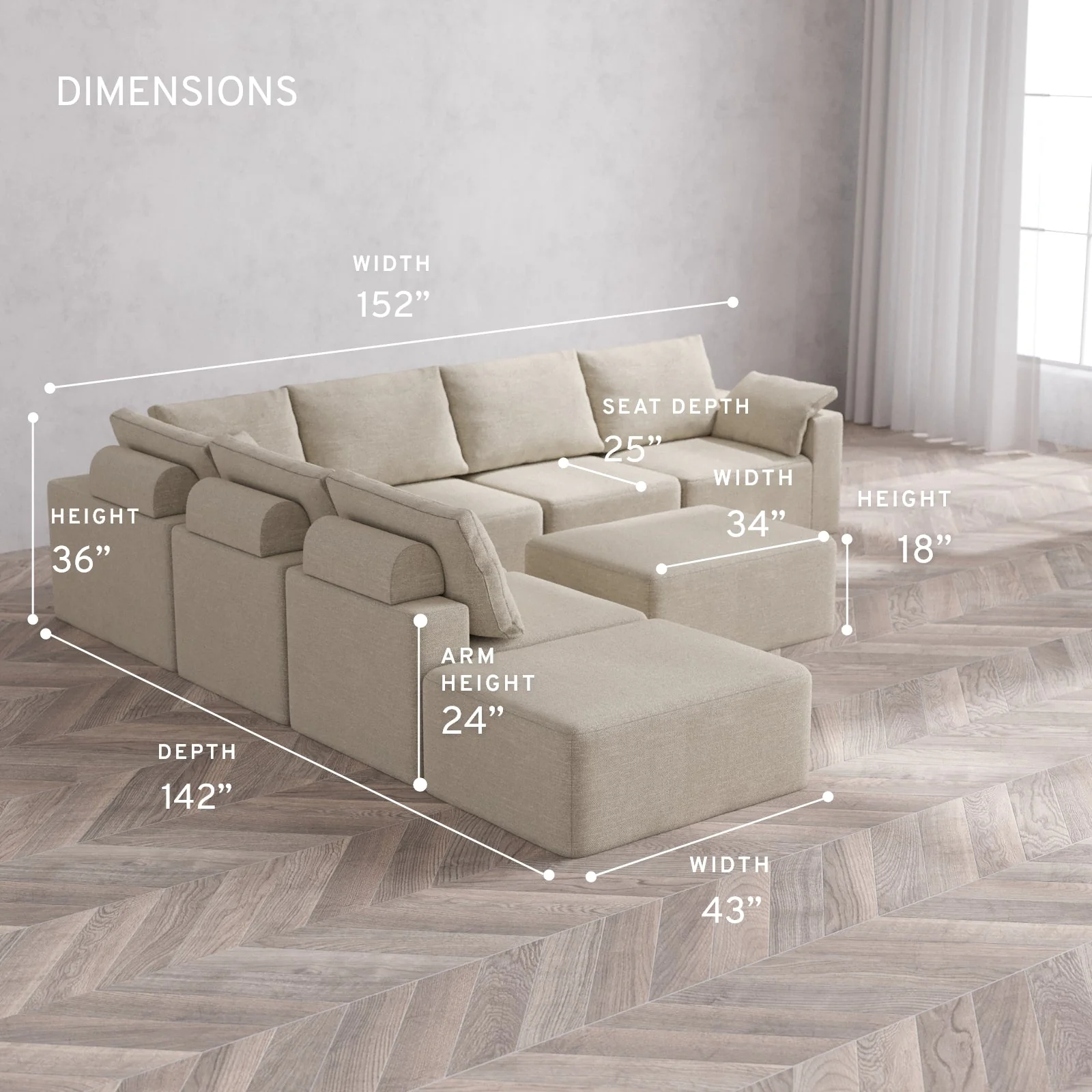 Modular Washable 7-Seater Open End Corner Sectional + Chaise Ottoman Cloud + Bolster Sofa | Right-Facing Arm | Plush Twill in Sandstone - Image 5