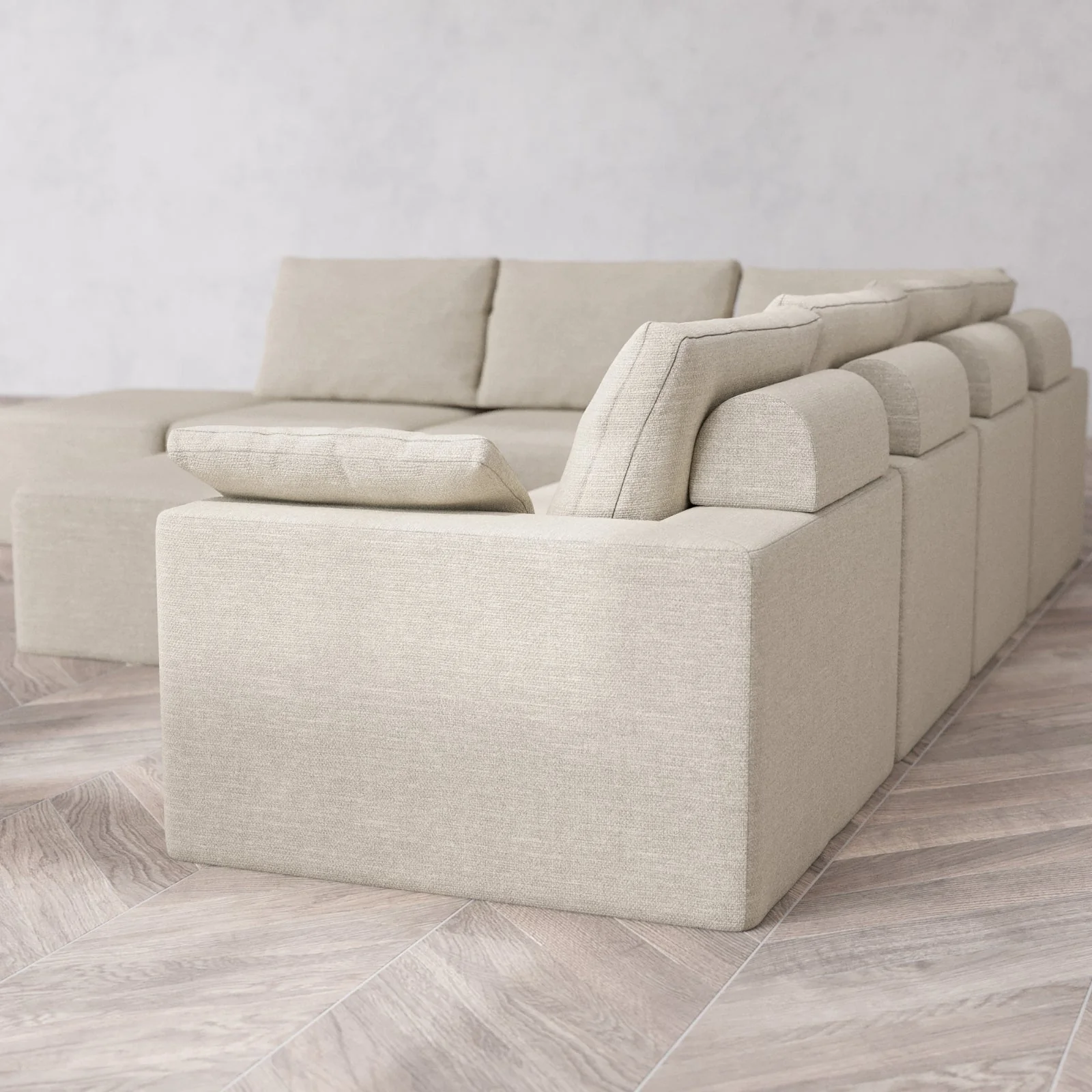 Modular Washable 7-Seater Open End Corner Sectional + Chaise Ottoman Cloud + Bolster Sofa | Right-Facing Arm | Plush Twill in Sandstone - Image 6