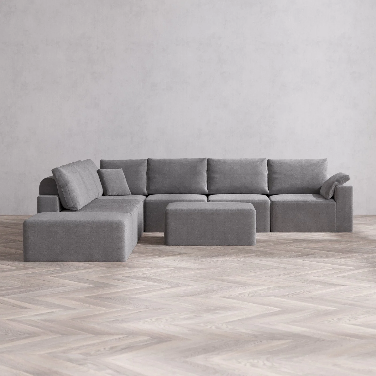 Modular Washable 7-Seater Open End Corner Sectional + Chaise Ottoman Cloud + Bolster Sofa | Right-Facing Arm | Lux Weave in Slate