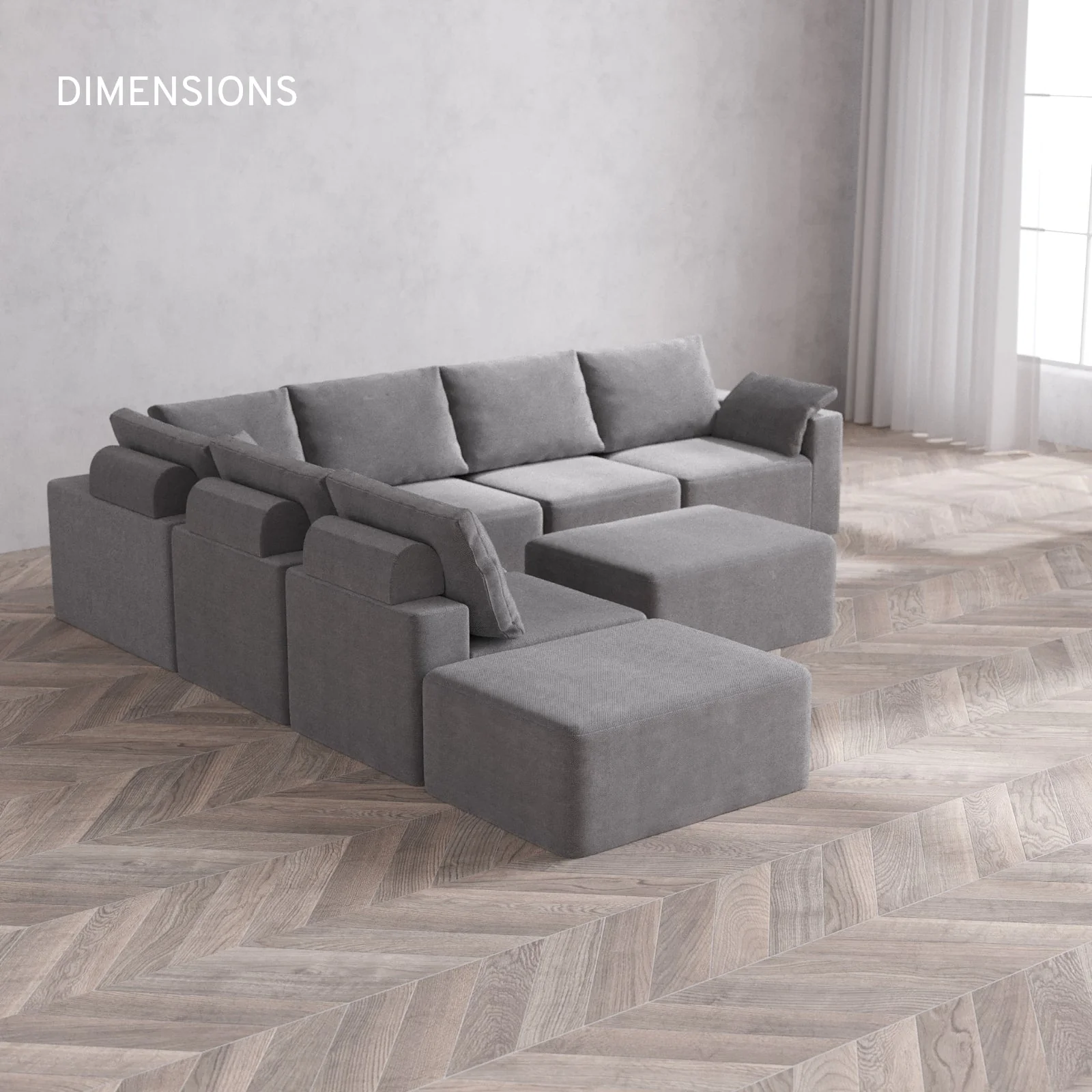 Modular Washable 7-Seater Open End Corner Sectional + Chaise Ottoman Cloud + Bolster Sofa | Right-Facing Arm | Lux Weave in Slate - Image 5