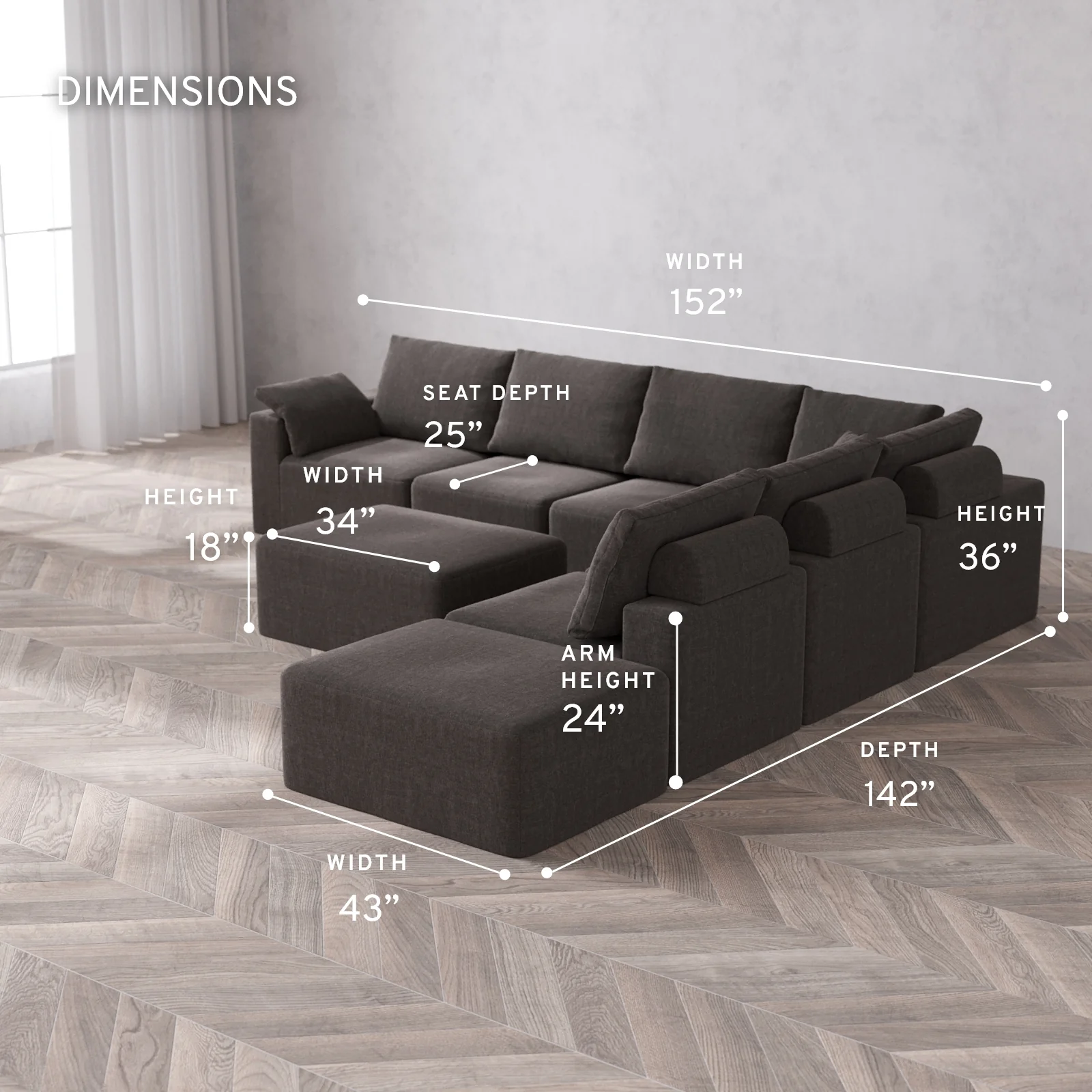 Modular Washable 7-Seater Open End Corner Sectional + Chaise Ottoman Cloud + Bolster Sofa | Left-Facing Arm | Heirloom Velvet in Truffle - Image 5