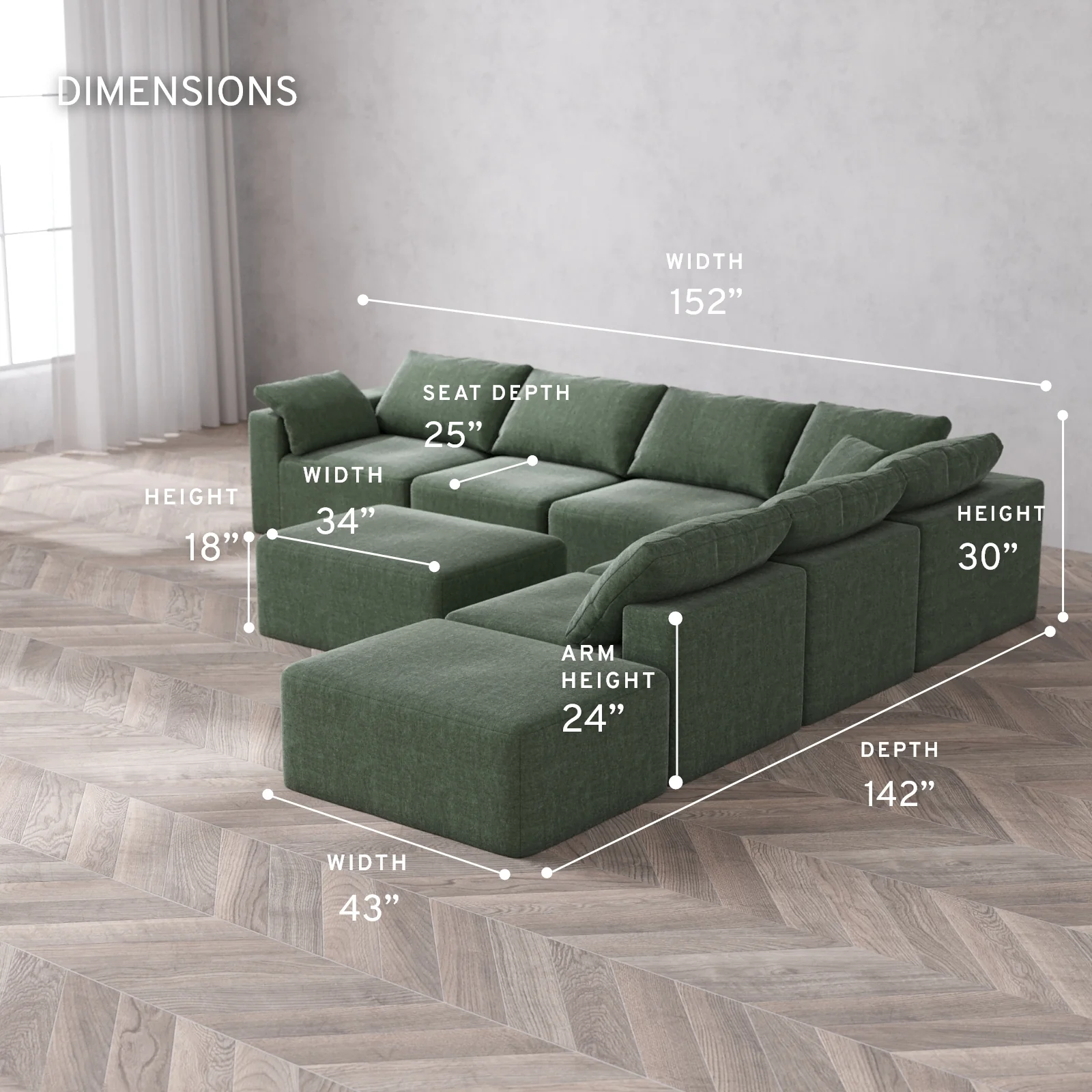 Modular Washable 7-Seater Open End Corner Sectional + Chaise Ottoman Cloud Sofa | Left-Facing Arm | Heirloom Velvet in Sage - Image 5