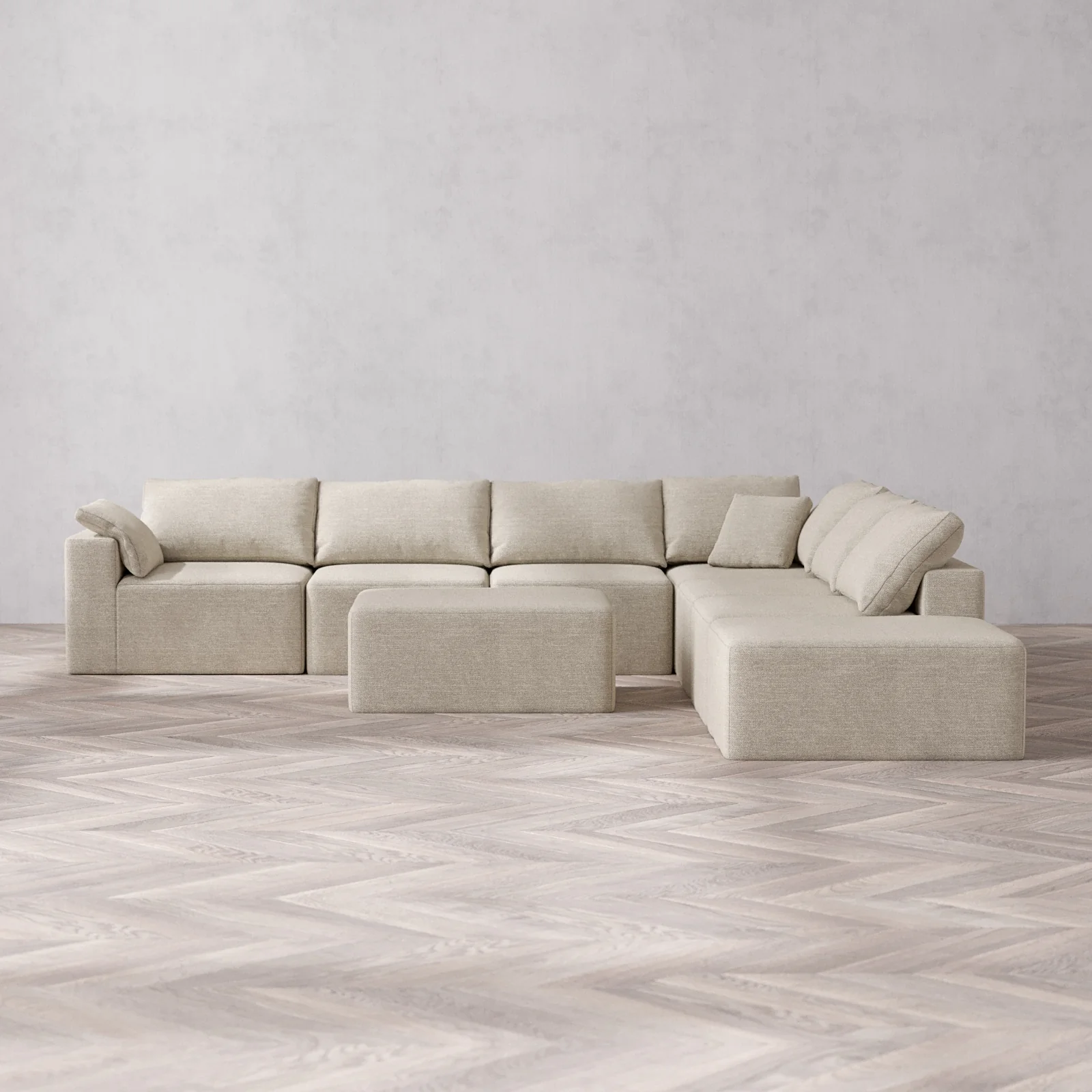 Modular Washable 7-Seater Open End Corner Sectional + Chaise Ottoman Cloud Sofa | Left-Facing Arm | Plush Twill in Sandstone