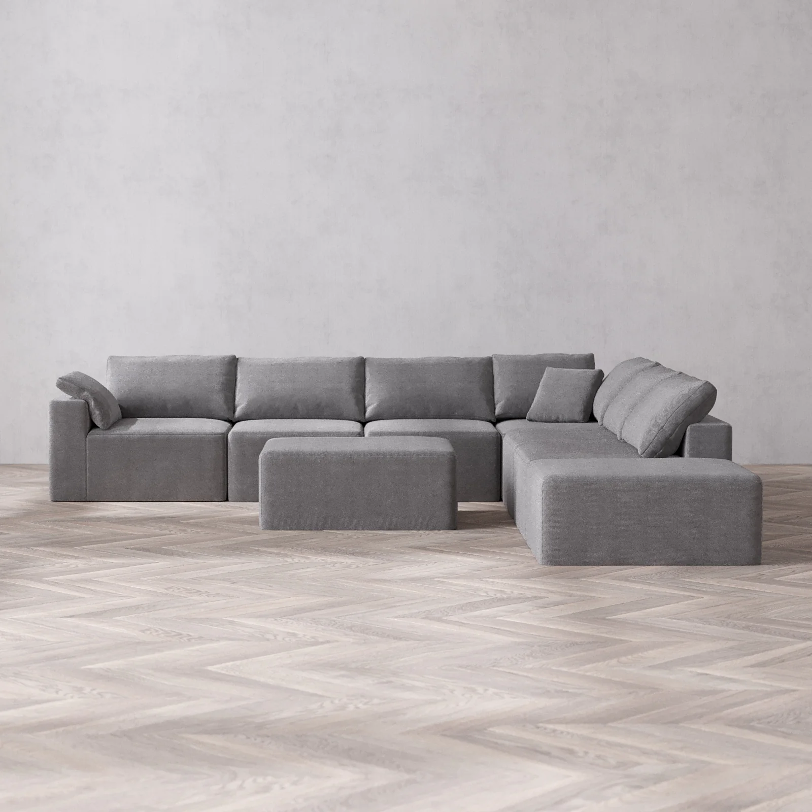 Modular Washable 7-Seater Open End Corner Sectional + Chaise Ottoman Cloud Sofa | Left-Facing Arm | Lux Weave in Slate