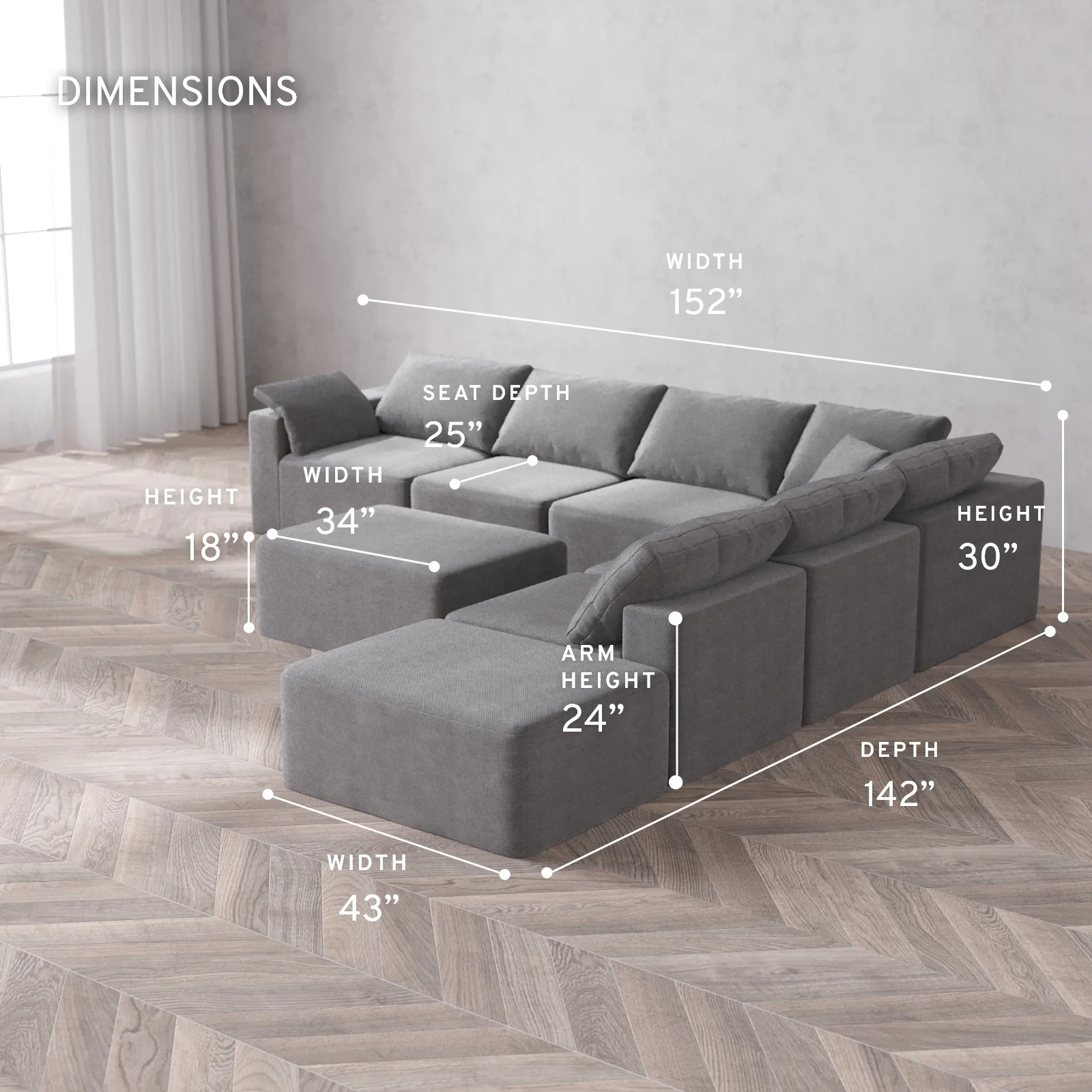 Modular Washable 7-Seater Open End Corner Sectional + Chaise Ottoman Cloud Sofa | Left-Facing Arm | Lux Weave in Slate - Image 5