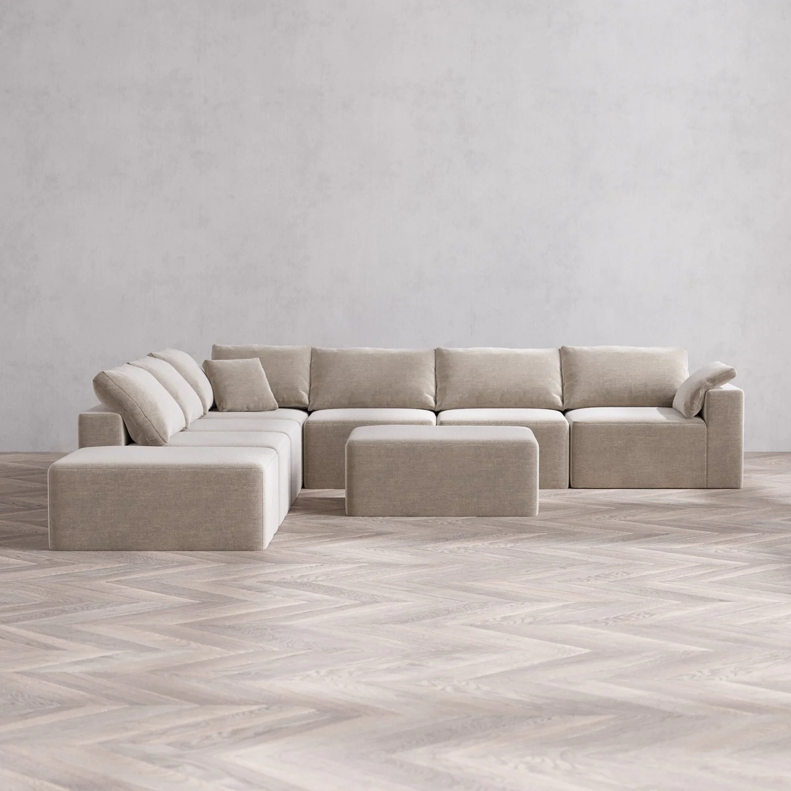 Modular Washable 7-Seater Open End Corner Sectional + Chaise Ottoman Cloud Sofa | Right-Facing Arm | Satin Velvet in Caraway