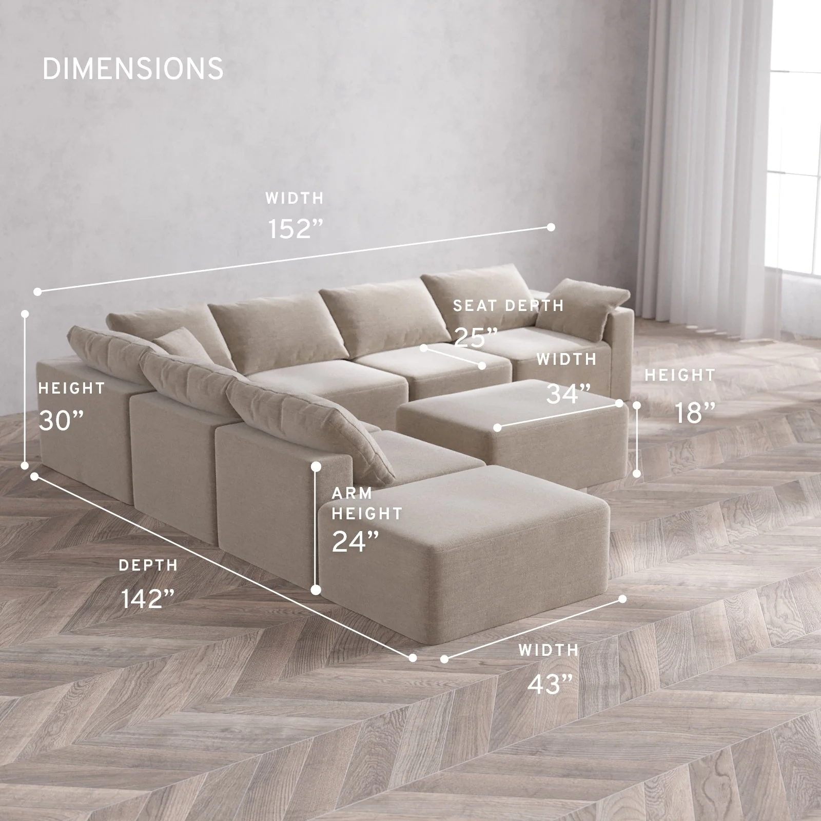 Modular Washable 7-Seater Open End Corner Sectional + Chaise Ottoman Cloud Sofa | Right-Facing Arm | Satin Velvet in Caraway - Image 5