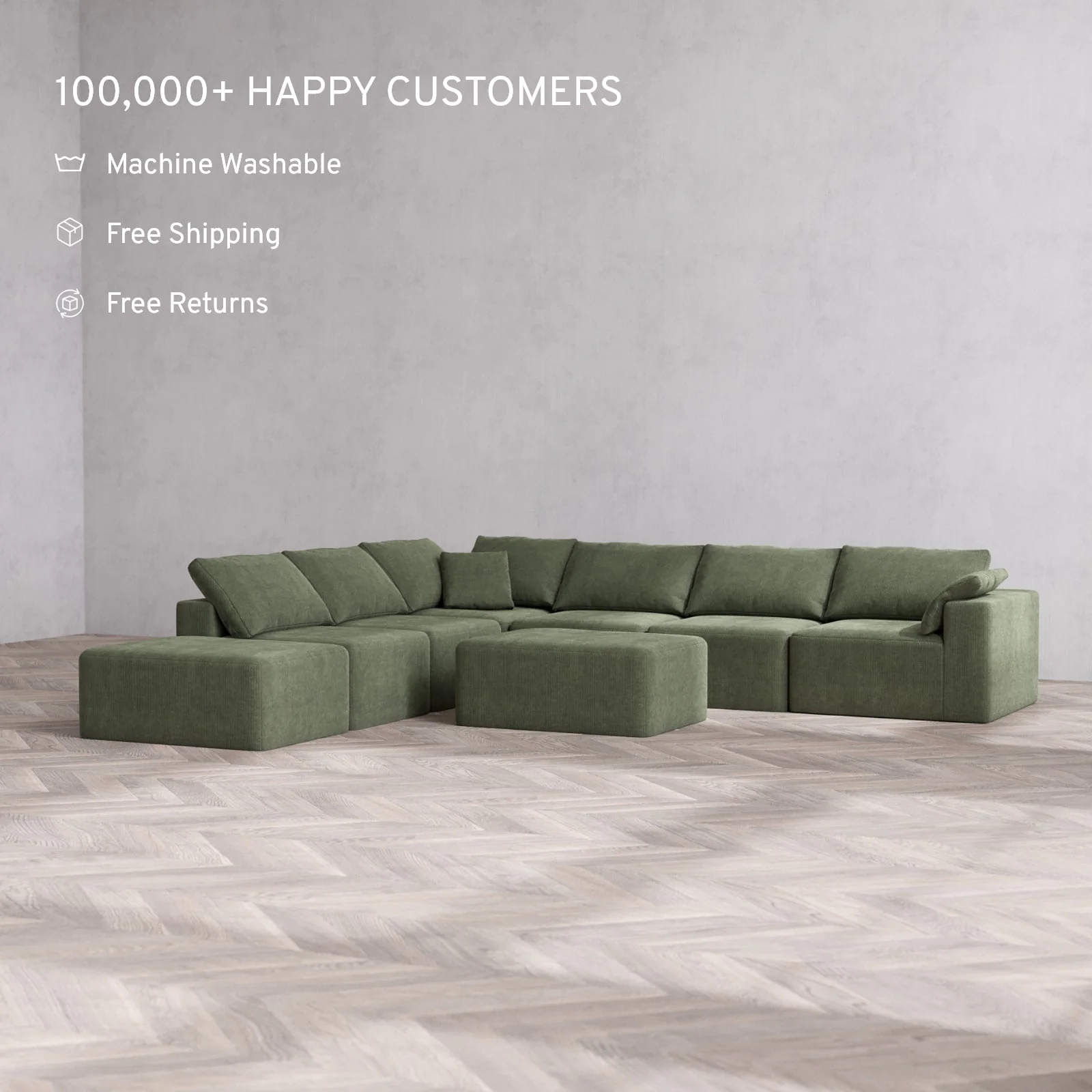 Modular Washable 7-Seater Open End Corner Sectional + Chaise Ottoman Cloud Sofa | Right-Facing Arm | Luxe Corduroy in Juniper - Image 2