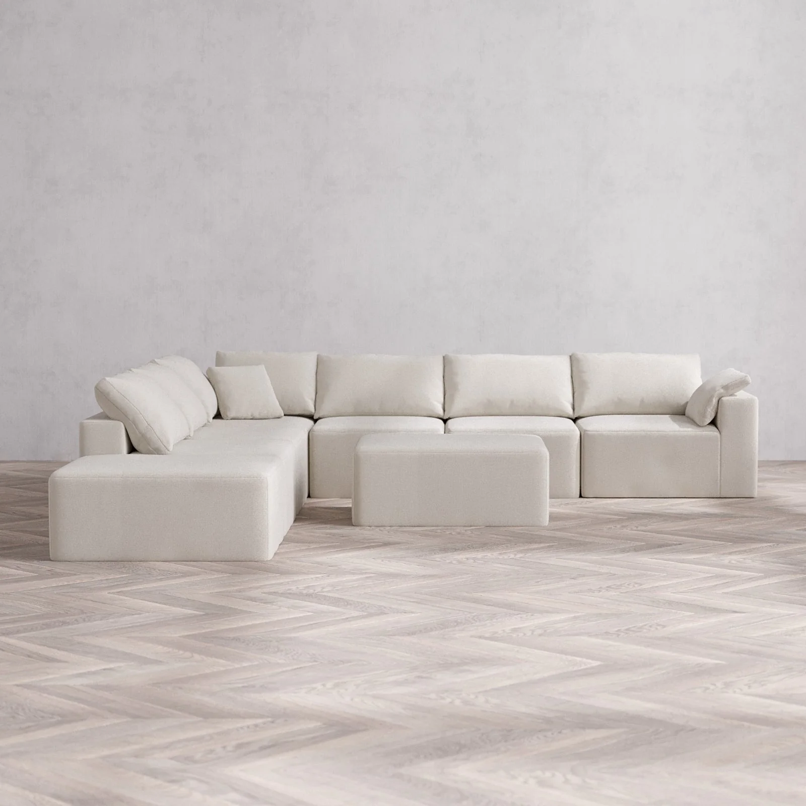 Modular Washable 7-Seater Open End Corner Sectional + Chaise Ottoman Cloud Sofa | Right-Facing Arm | Lux Weave in Pearl