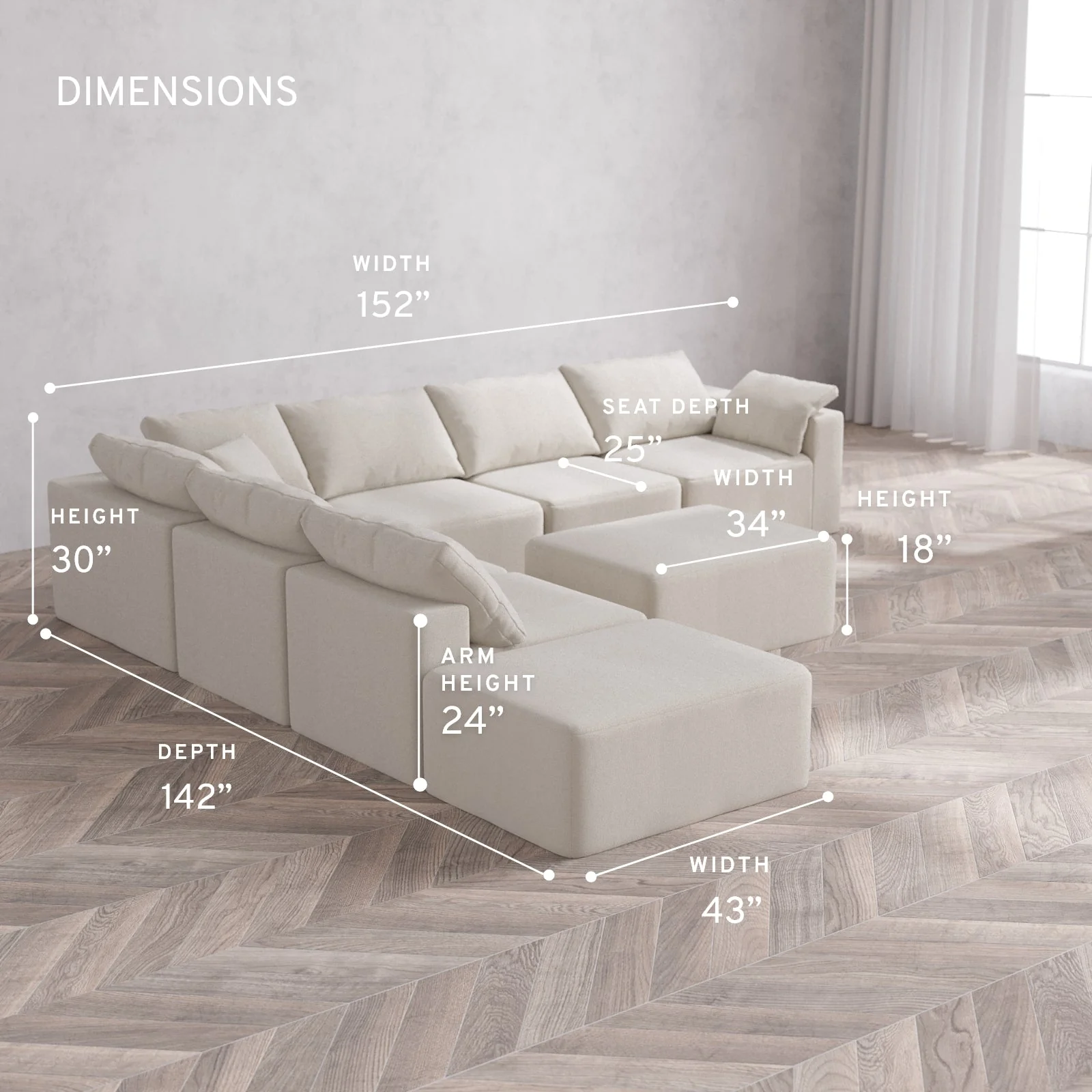 Modular Washable 7-Seater Open End Corner Sectional + Chaise Ottoman Cloud Sofa | Right-Facing Arm | Lux Weave in Pearl - Image 5