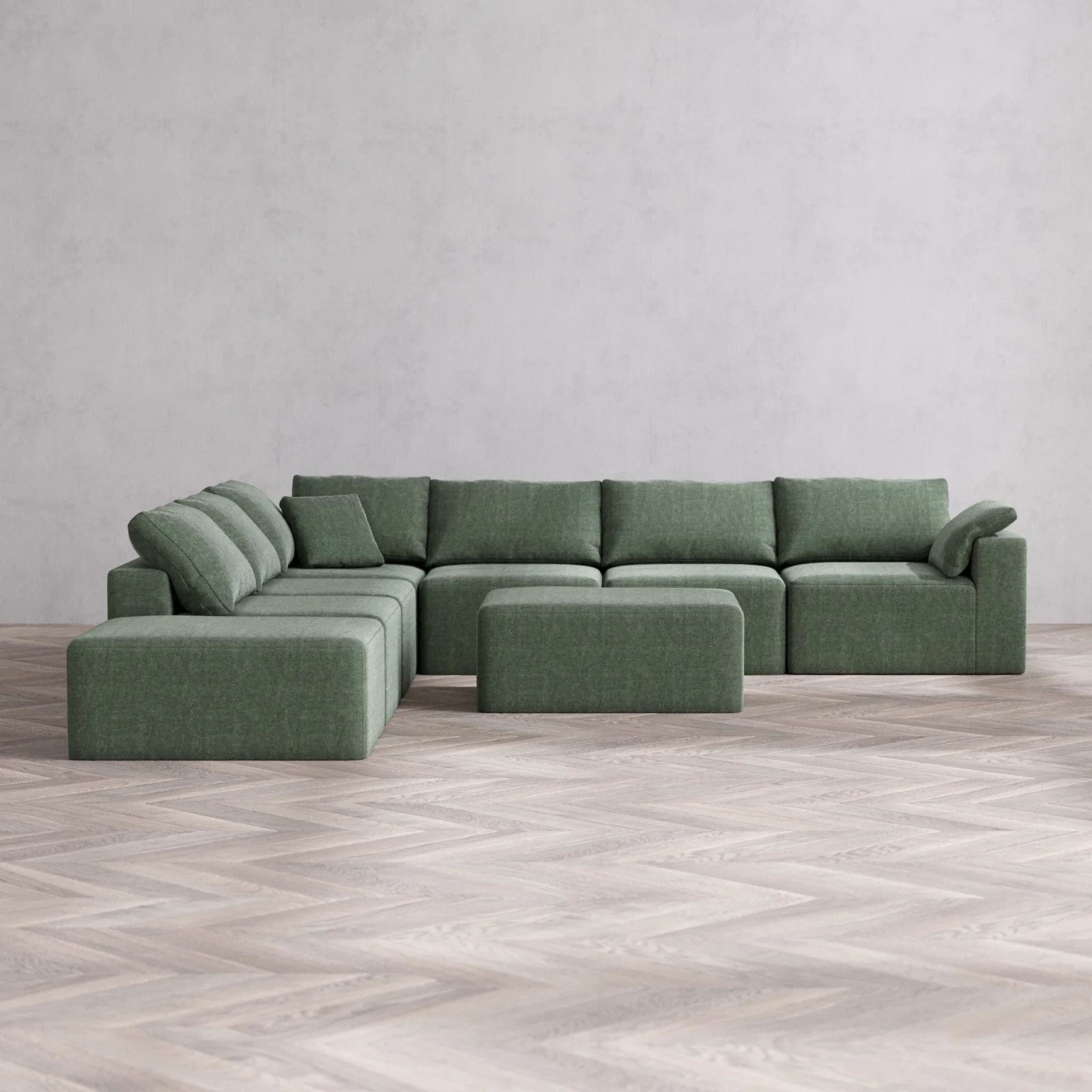 Modular Washable 7-Seater Open End Corner Sectional + Chaise Ottoman Cloud Sofa | Right-Facing Arm | Heirloom Velvet in Sage