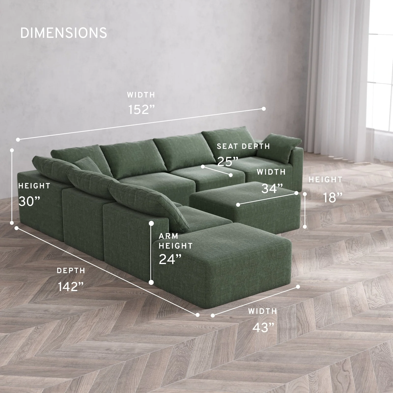Modular Washable 7-Seater Open End Corner Sectional + Chaise Ottoman Cloud Sofa | Right-Facing Arm | Heirloom Velvet in Sage - Image 5