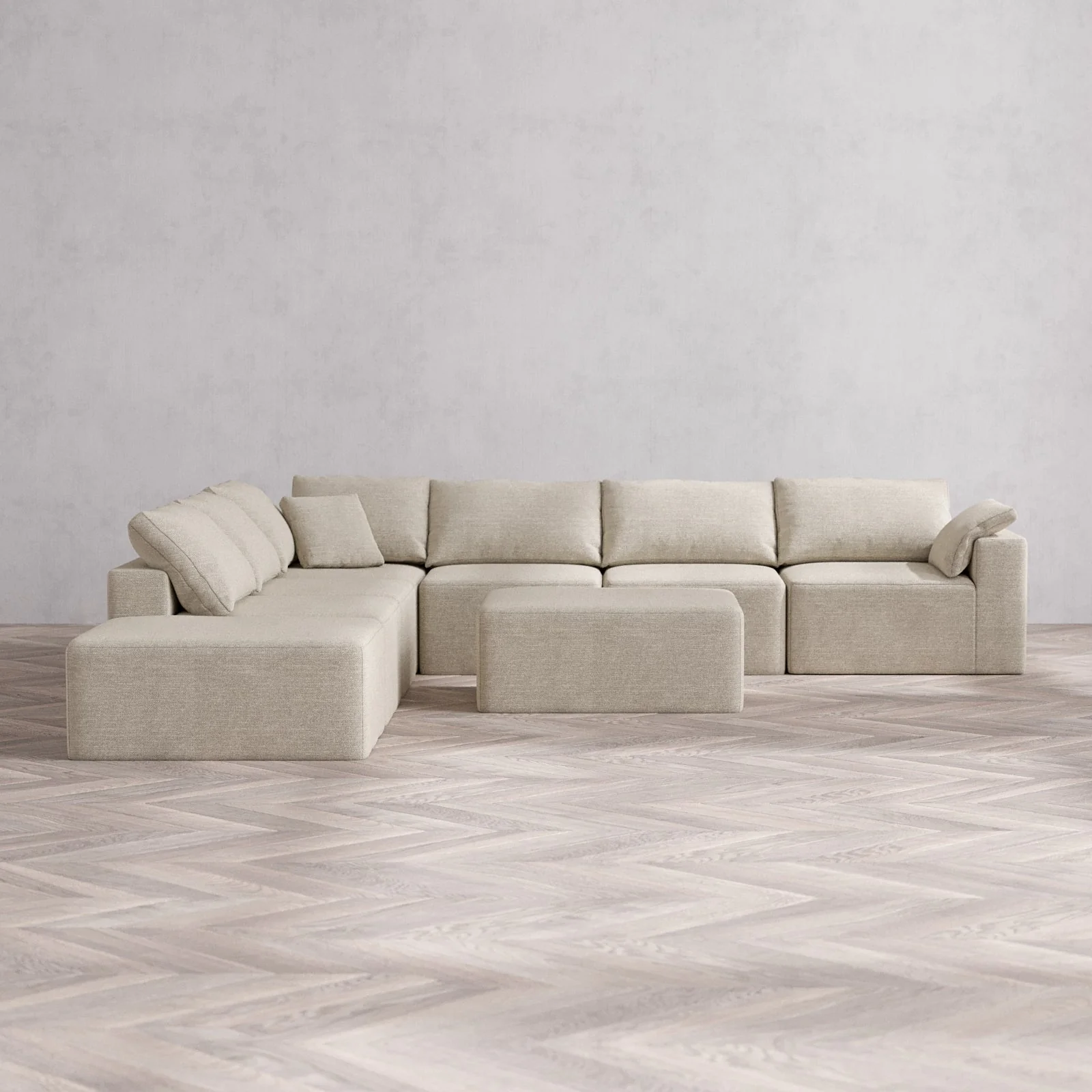 Modular Washable 7-Seater Open End Corner Sectional + Chaise Ottoman Cloud Sofa | Right-Facing Arm | Plush Twill in Sandstone
