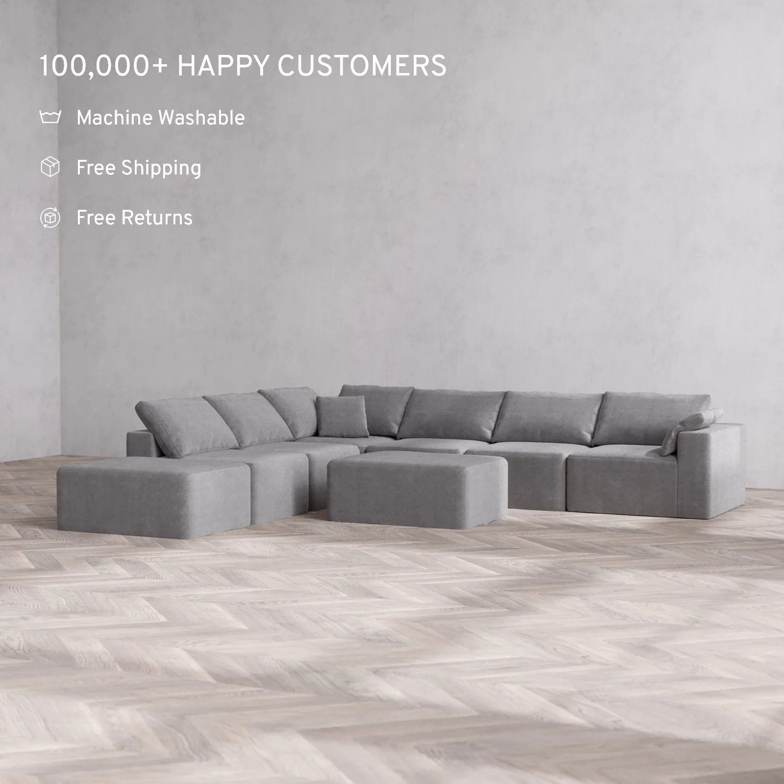 Modular Washable 7-Seater Open End Corner Sectional + Chaise Ottoman Cloud Sofa | Right-Facing Arm | Lux Weave in Slate - Image 2