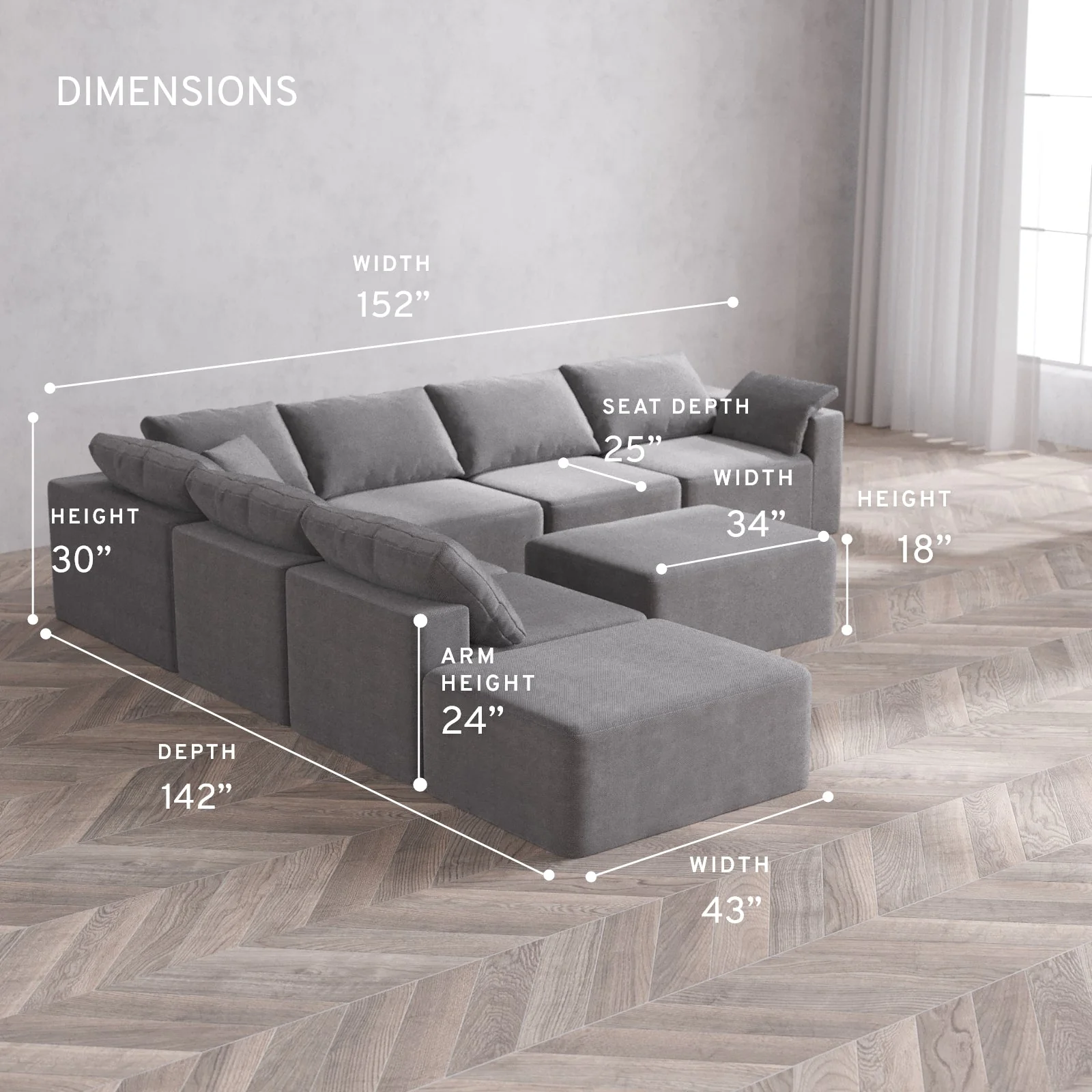 Modular Washable 7-Seater Open End Corner Sectional + Chaise Ottoman Cloud Sofa | Right-Facing Arm | Lux Weave in Slate - Image 5