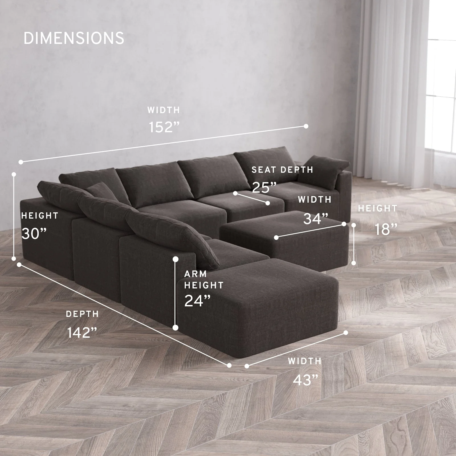 Modular Washable 7-Seater Open End Corner Sectional + Chaise Ottoman Cloud Sofa | Right-Facing Arm | Heirloom Velvet in Truffle - Image 5