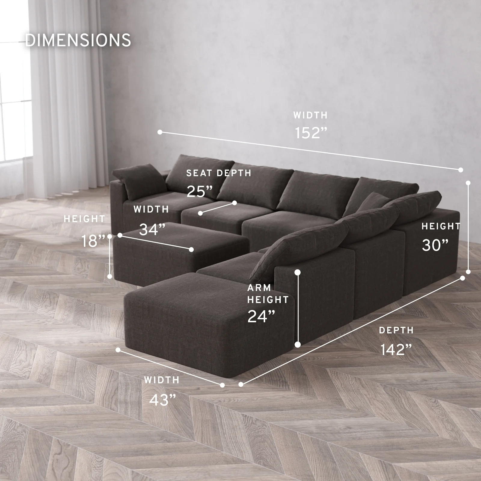 Modular Washable 7-Seater Open End Corner Sectional + Chaise Ottoman Cloud Sofa | Left-Facing Arm | Heirloom Velvet in Truffle - Image 5