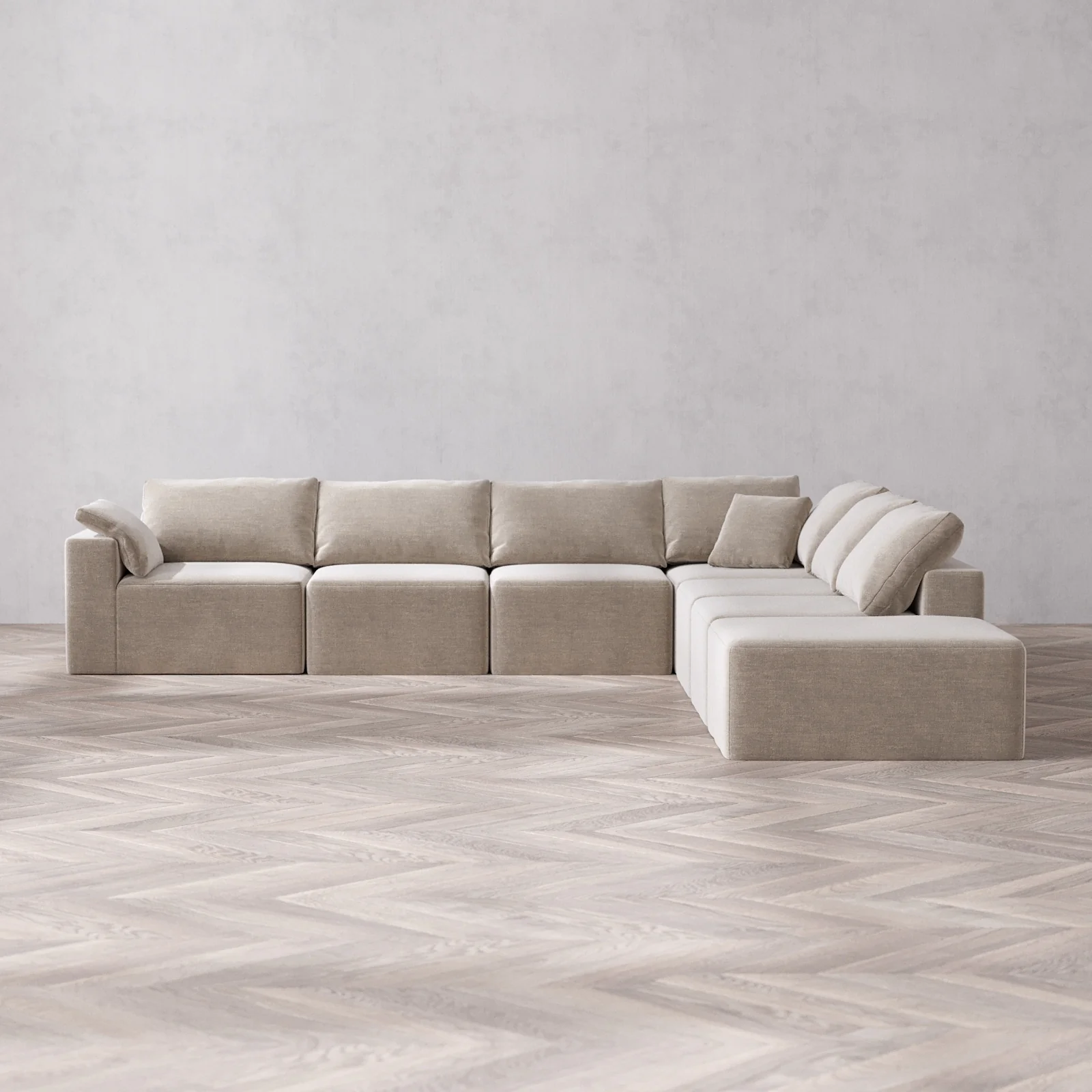 Modular Washable 7-Seater Open End Corner Sectional Cloud Sofa | Left-Facing Arm | Satin Velvet in Caraway