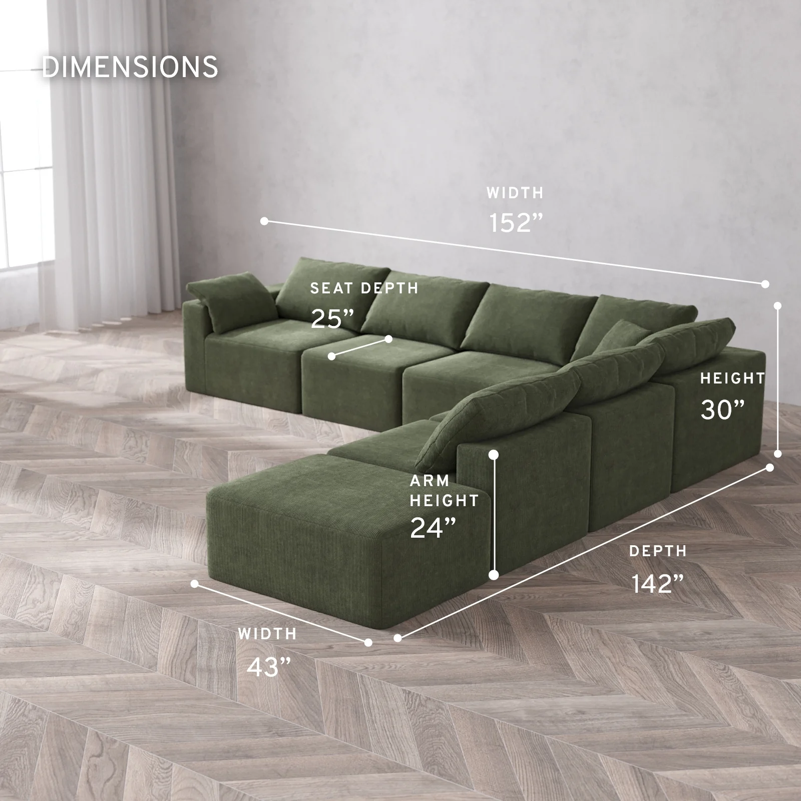 Modular Washable 7-Seater Open End Corner Sectional Cloud Sofa | Left-Facing Arm | Luxe Corduroy in Juniper - Image 5