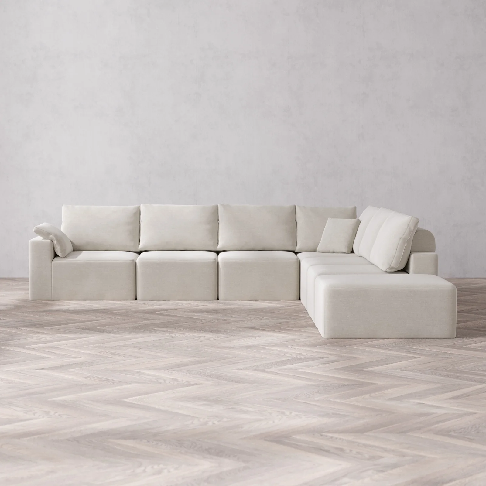 Modular Washable 7-Seater Open End Corner Sectional Cloud + Bolster Sofa | Left-Facing Arm | Satin Velvet in Cashew