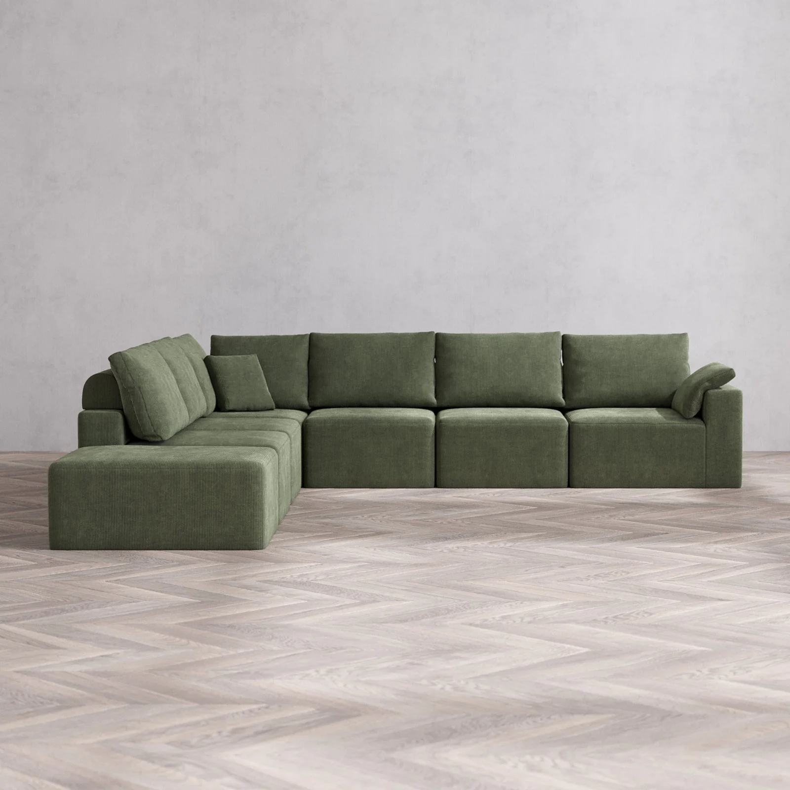 Modular Washable 7-Seater Open End Corner Sectional Cloud + Bolster Sofa | Right-Facing Arm | Luxe Corduroy in Juniper
