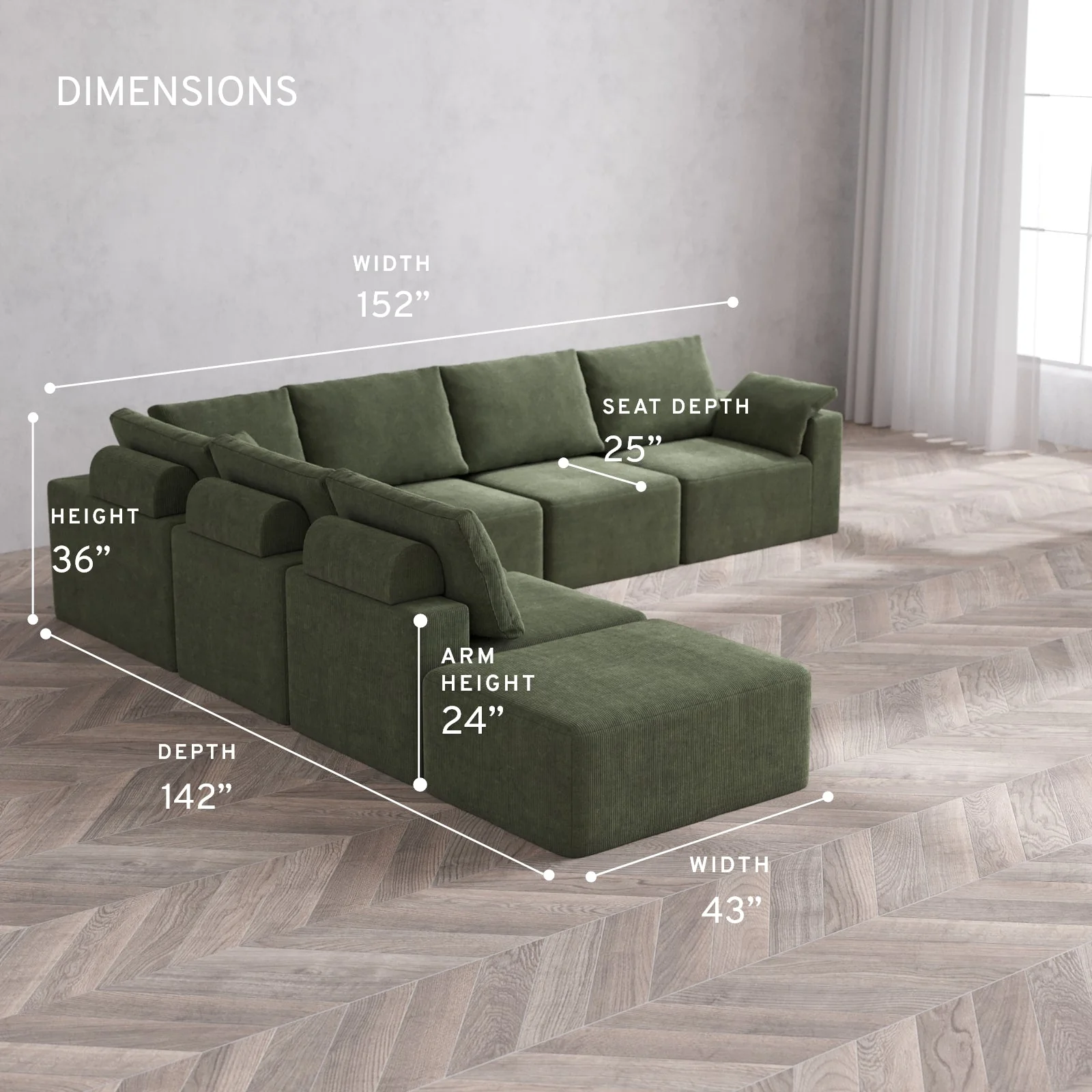 Modular Washable 7-Seater Open End Corner Sectional Cloud + Bolster Sofa | Right-Facing Arm | Luxe Corduroy in Juniper - Image 5