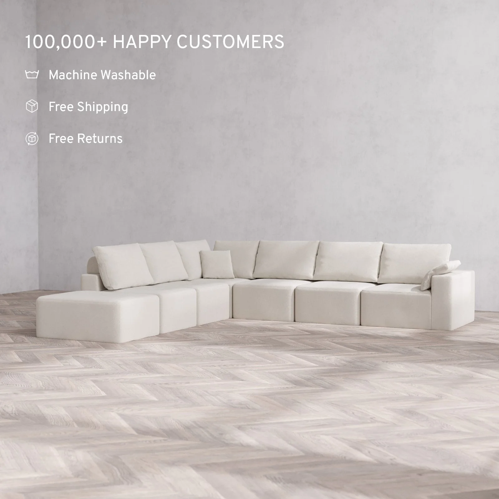 Modular Washable 7-Seater Open End Corner Sectional Cloud + Bolster Sofa | Right-Facing Arm | Lux Weave in Pearl - Image 2